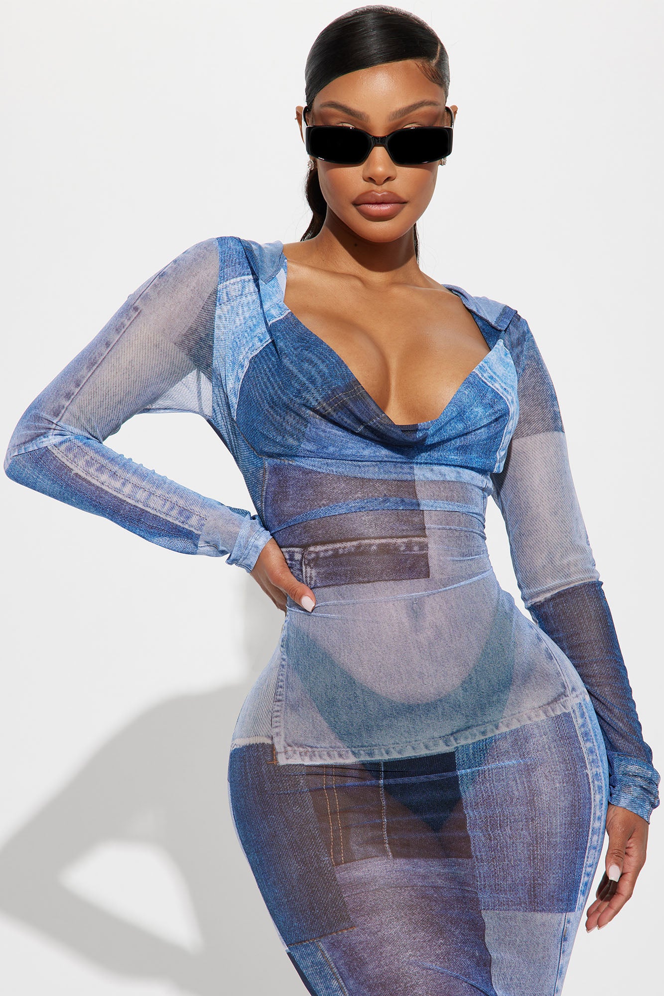 Dayna Hooded Mesh Maxi Dress - Denim