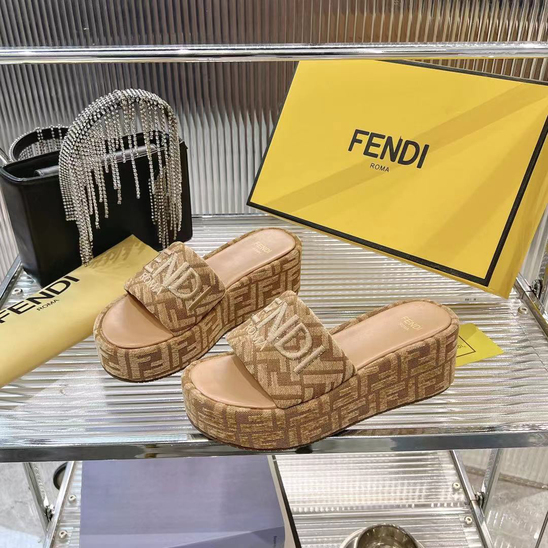 Fendi Sand Open Toe FF Monogram Jacquard Canvas Platform Slippers - KAIROO
