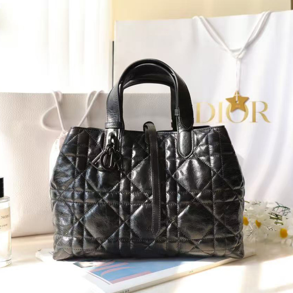 Dior Medium Toujours Bag Black Macrocannage Crinkled Calfskin (Mirror Quality)