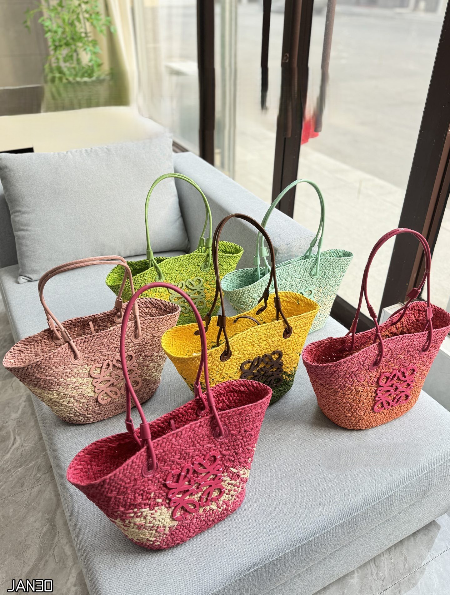 Loewe Paula's Ibiza Multi-Color Medium Ombré Woven Iraca Palm Leather Anagram Basket Tote Bag - KAIROO