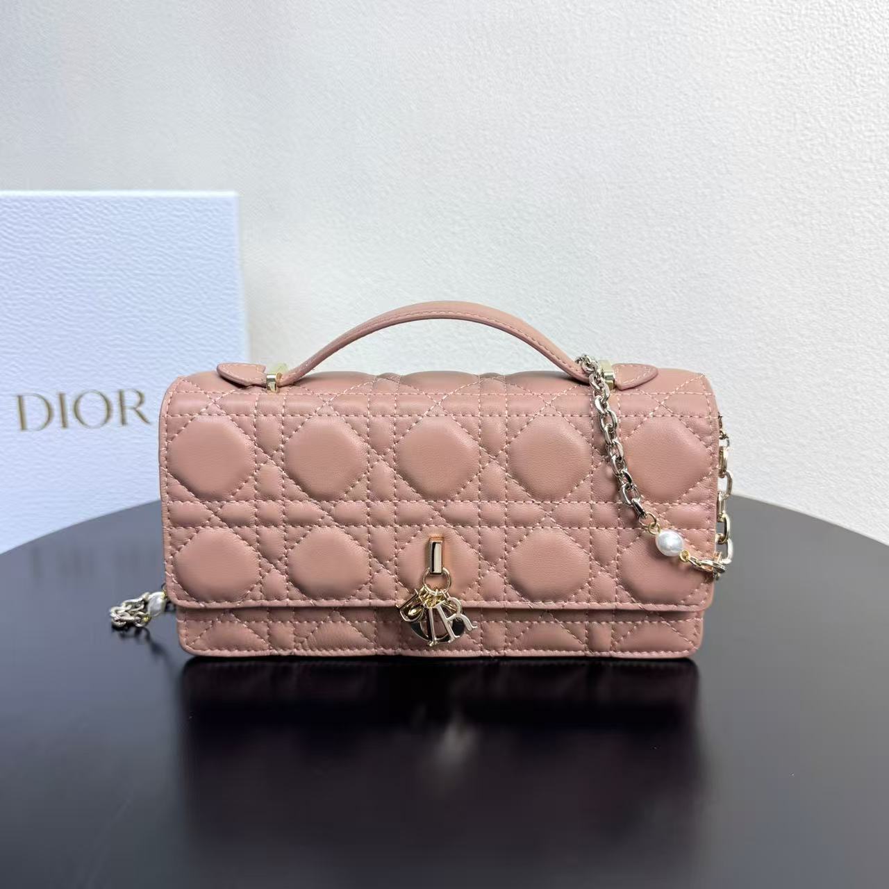 Dior lambskin leather pearl chain shoulder bag