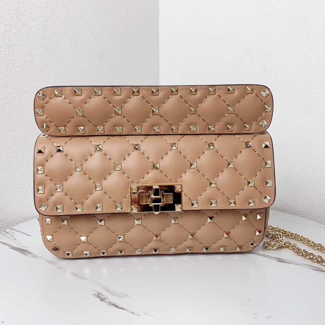 Valentino Classic Spike Medium Shoulder Bag in Lambskin-Beige