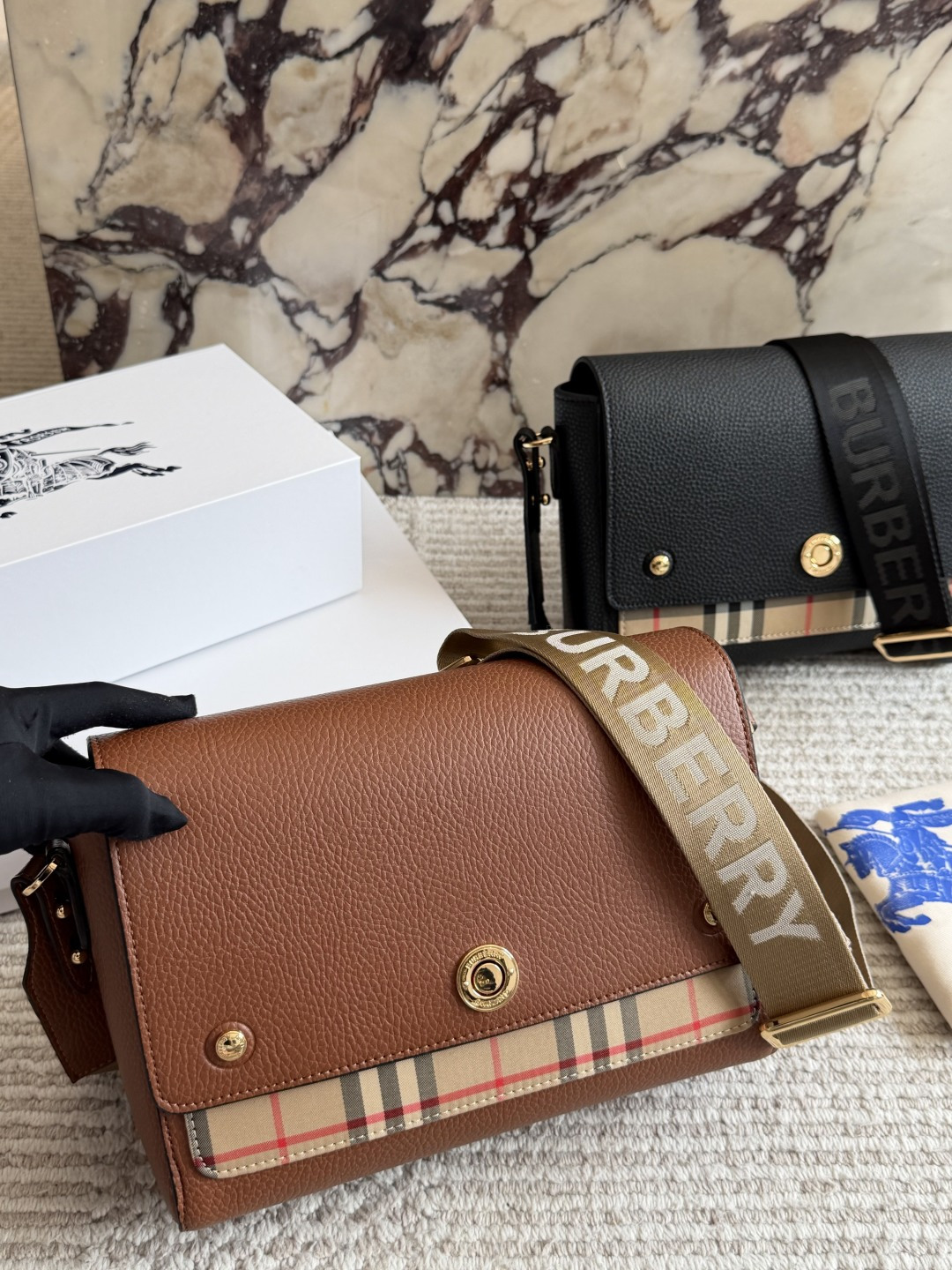 Burberry Grained Leather Check Detail Medium Messenger Bag - KAIROO