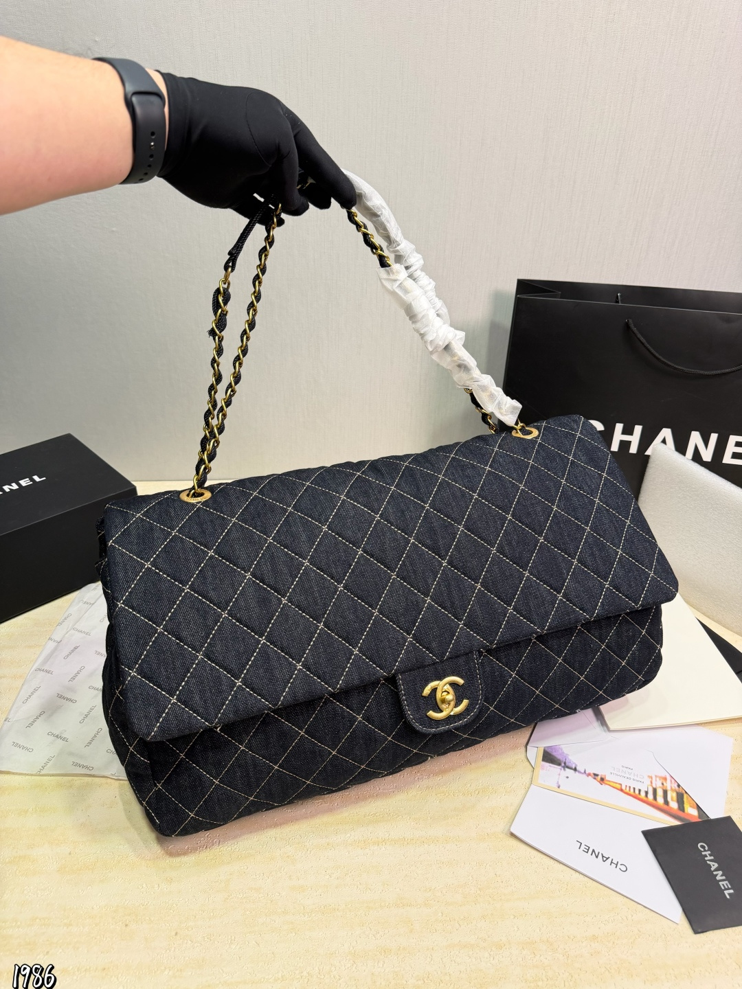 Chanel XXL CF 45CM Maxi Quilted Blue Denim Airport Oversized Flap Chain Shoulder Bag - KAIROO