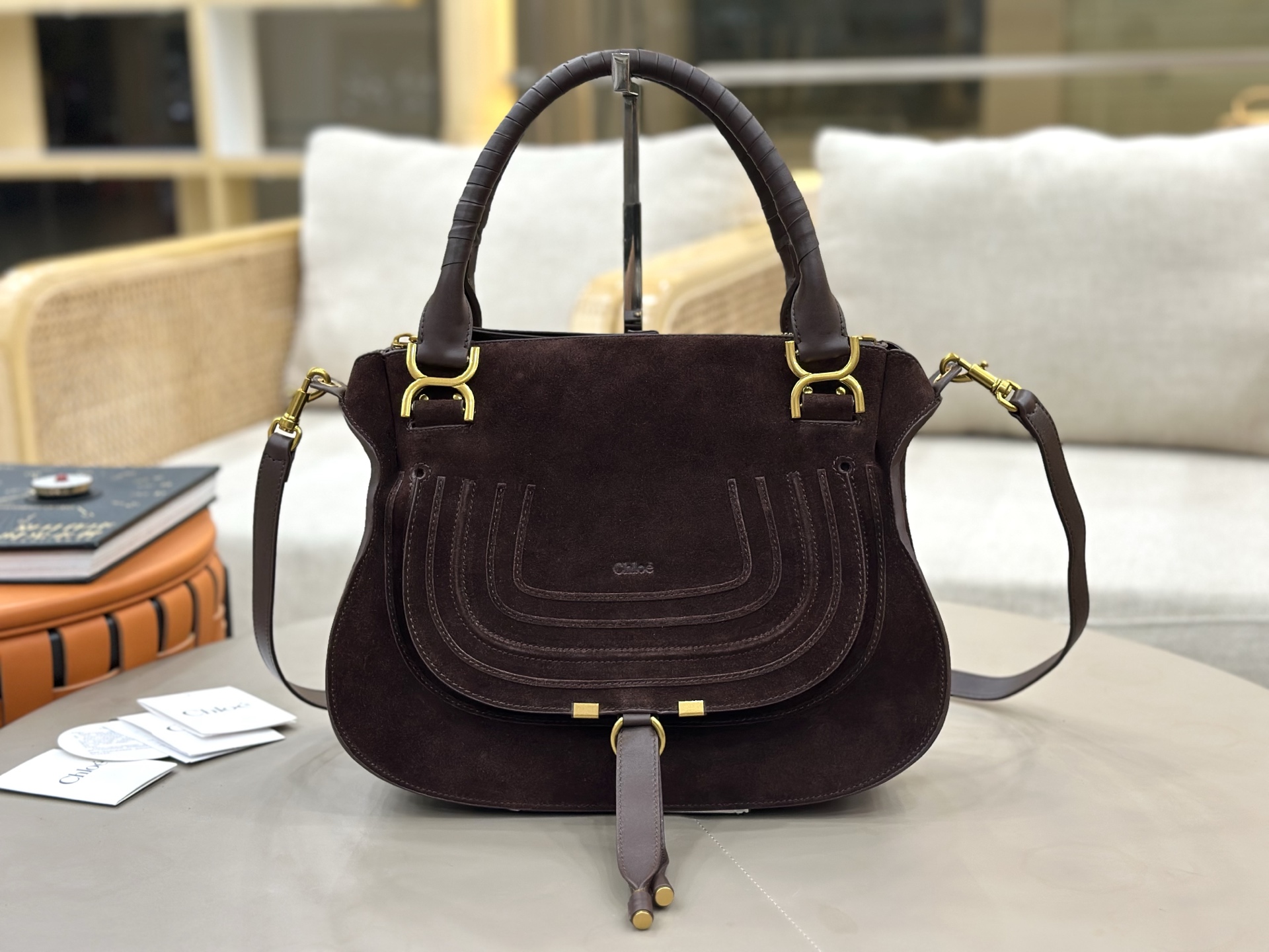 Chloe Small Marcie Bag in Suede Leather-Chocolate