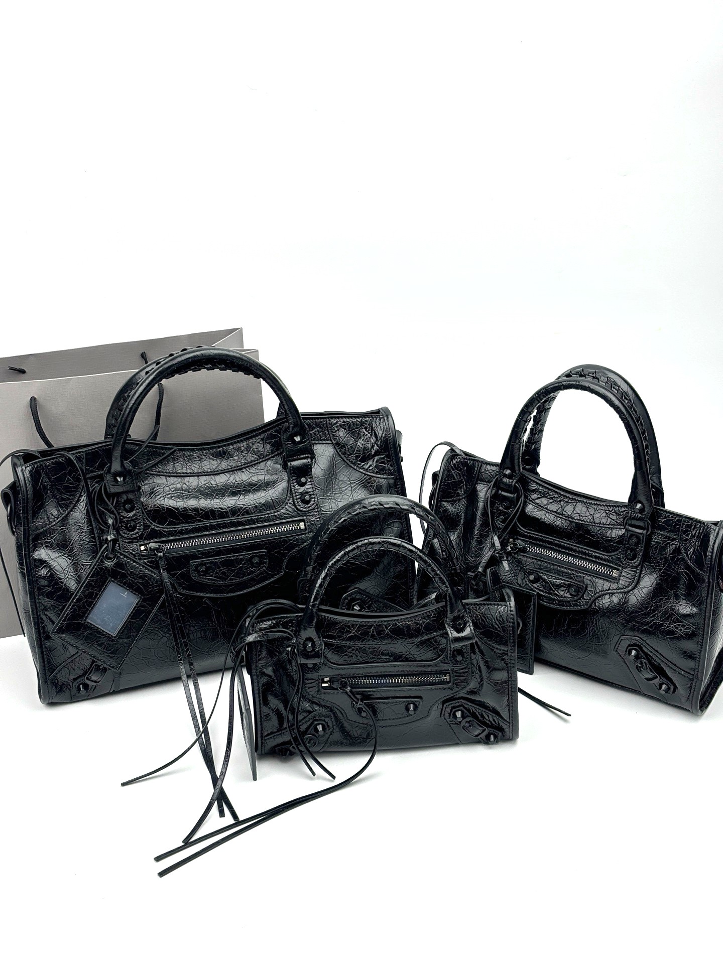 Balenciaga Le City Black Soft Crinkled Leather Studded Mirror Charm Braided Handle Crossbody Bag - KAIROO