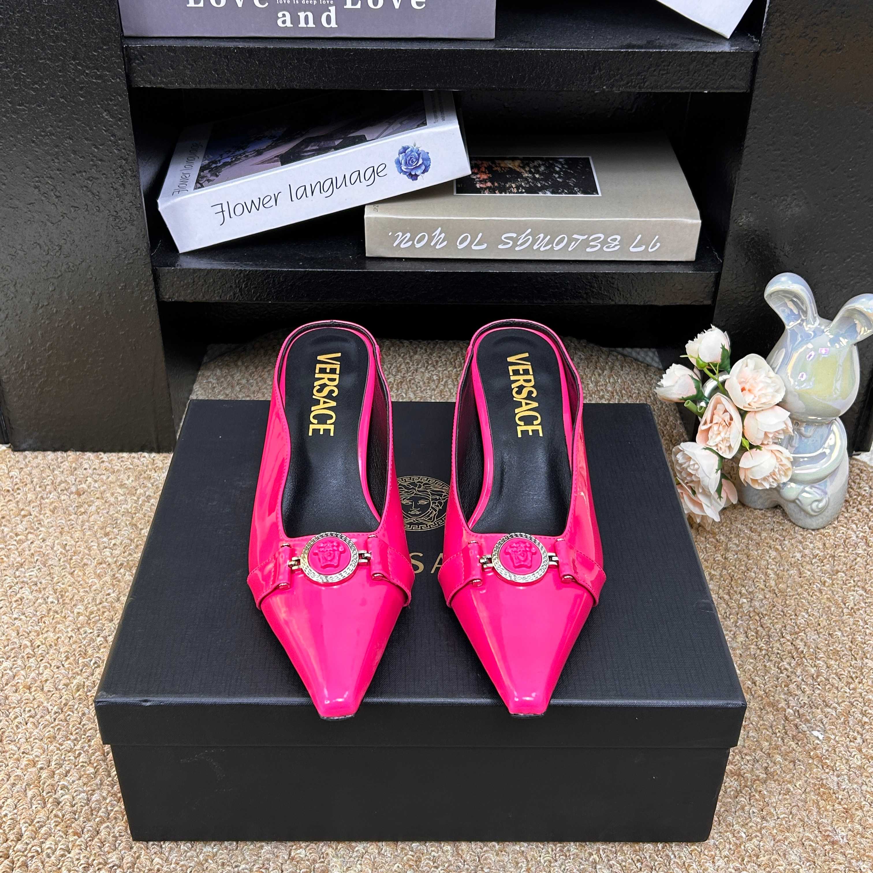 Versace Shiny Leather Heeled Slides