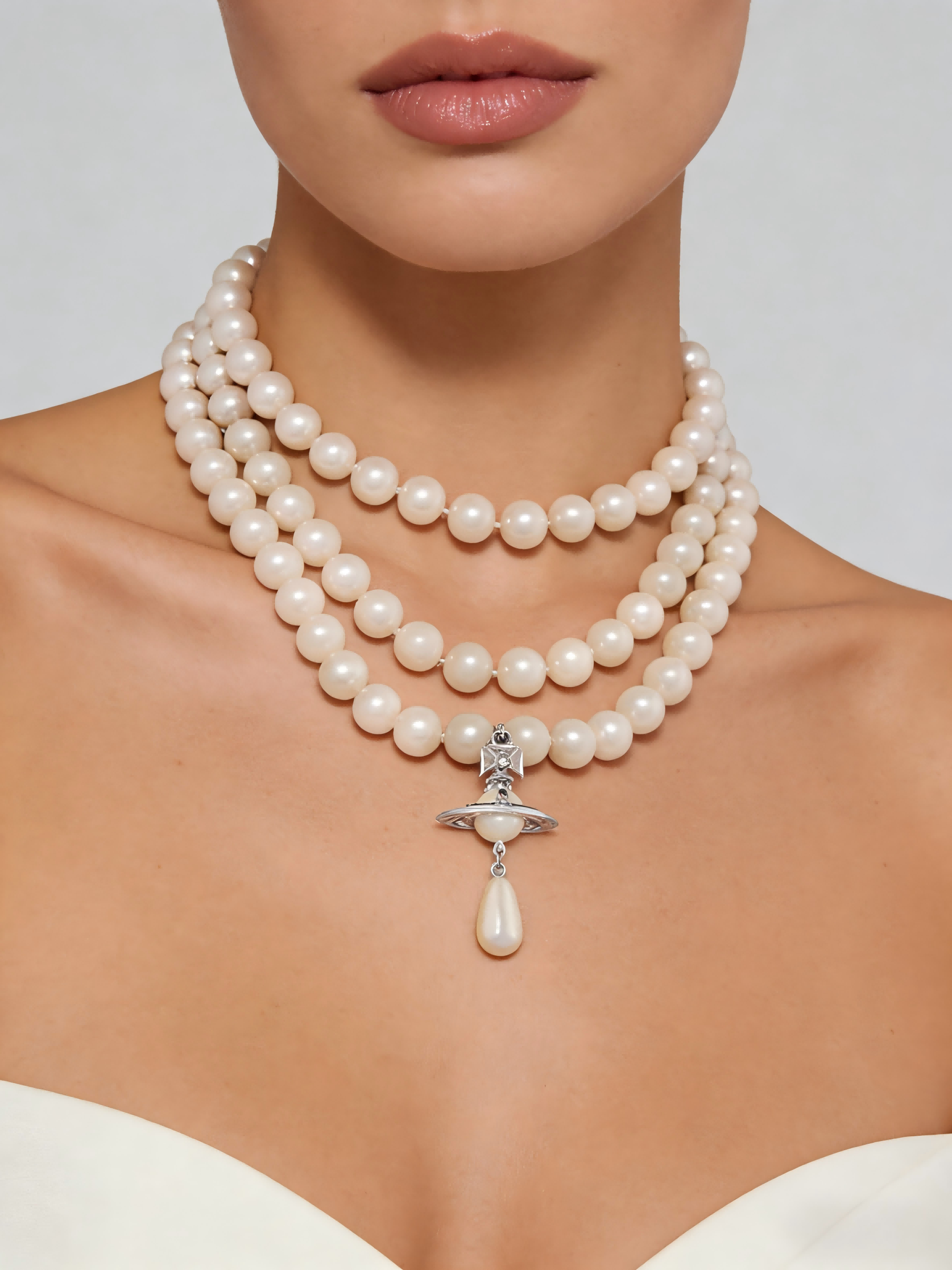 Luxury Triple Layer Pearl Necklace with Orb Pendant | Elegant Silver Choker with Teardrop Pearl Drop