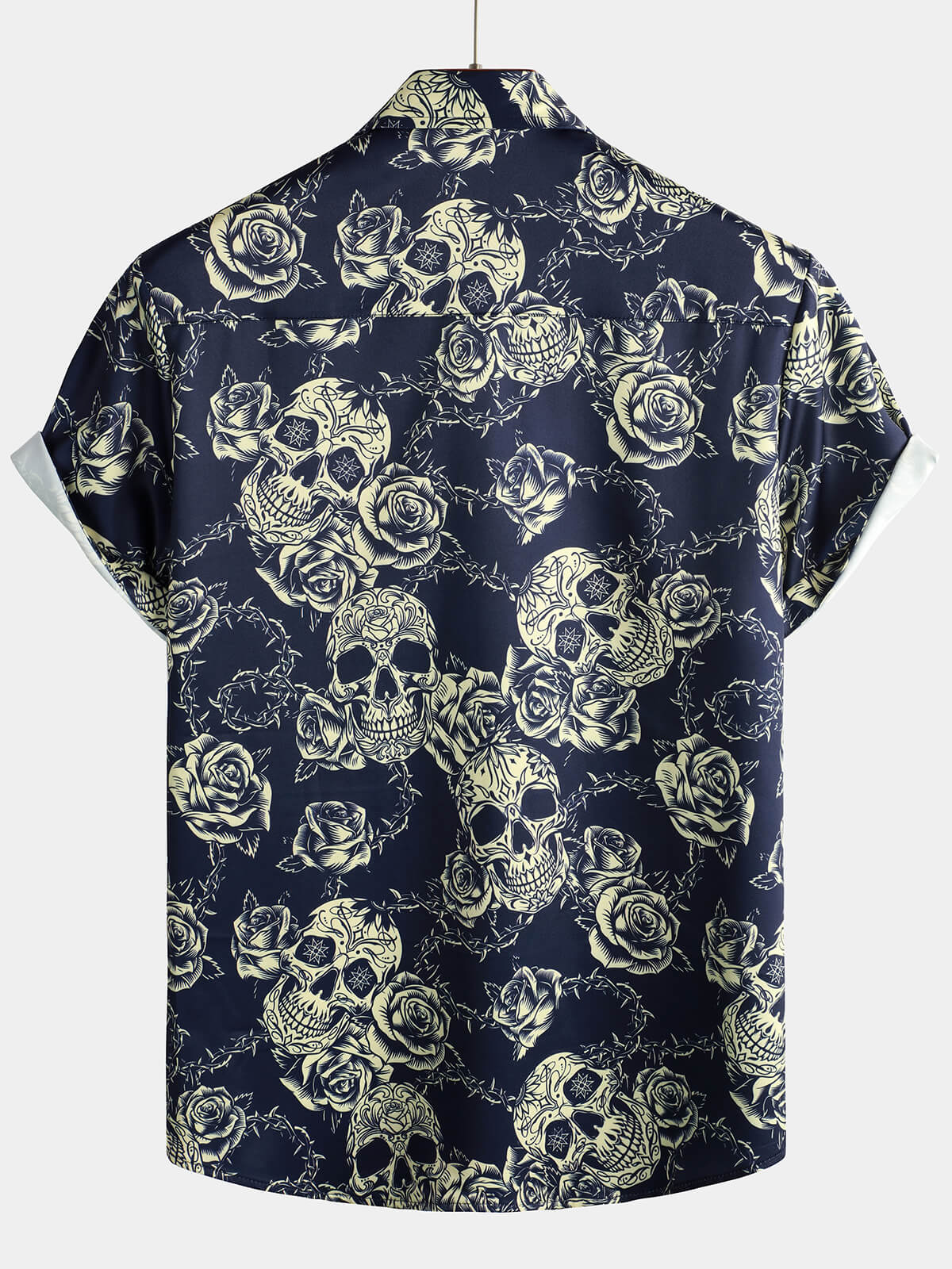 Men's Vintage Rose Skull Rock Print Button-Up Short Sleeve Shirt