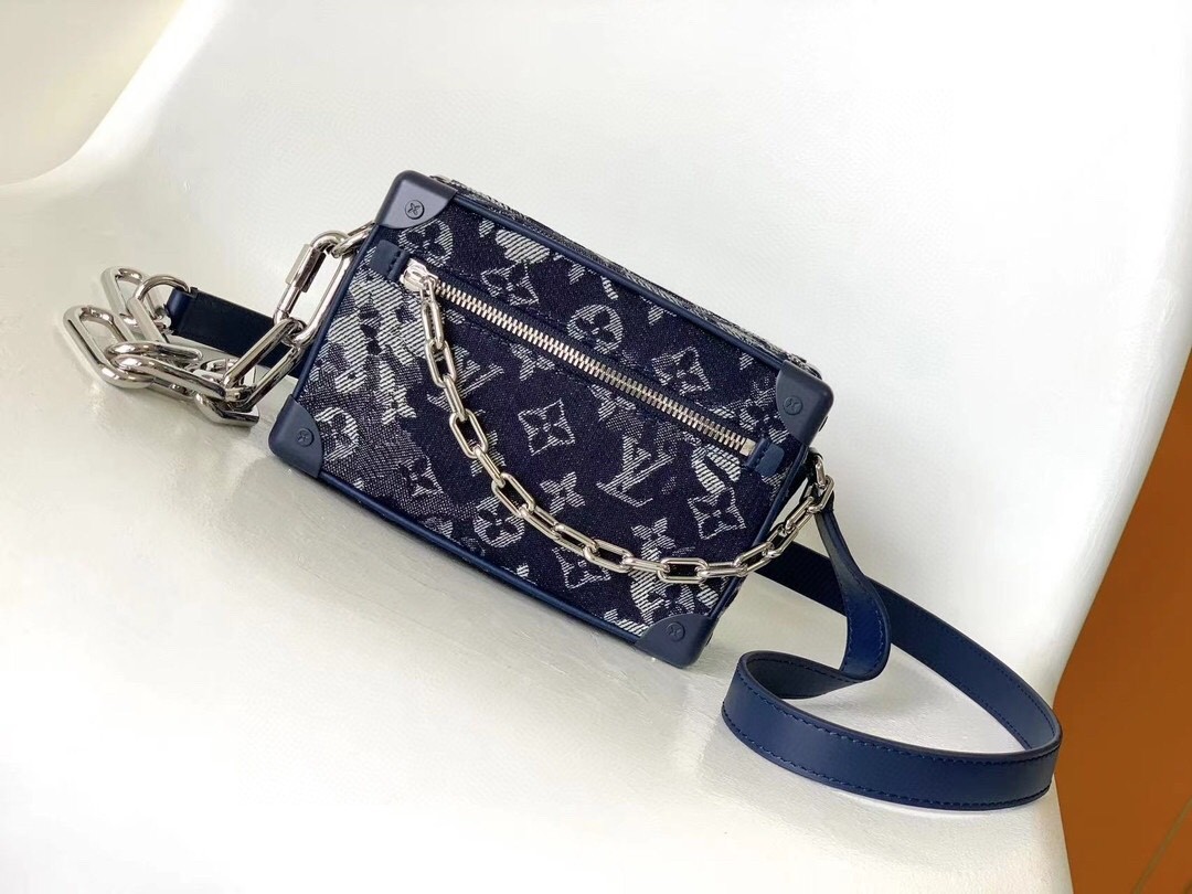 Louis Vuitton LV Mini Soft Trunk Navy Blue Jacquard Denim Monogram Canvas Silver Chain Shoulder Bag - KAIROO