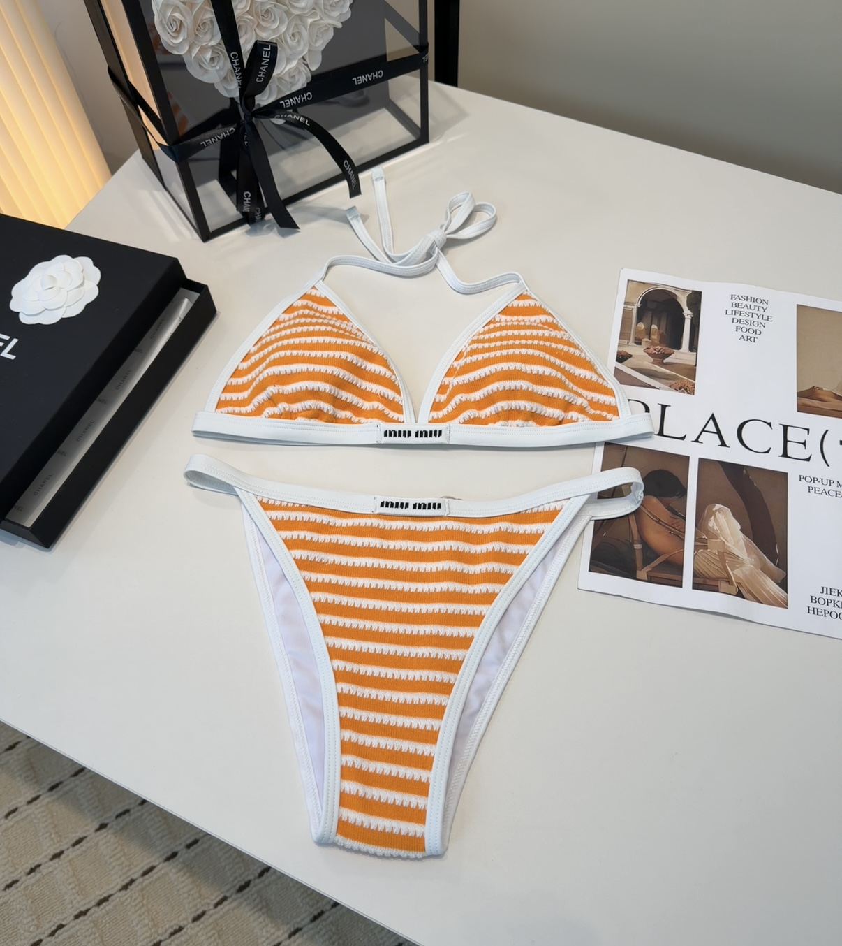 Miu Miu Orange Textured Stripe Print Logo Triangle Bikini Two-Piece Swimsuit - KAIROO