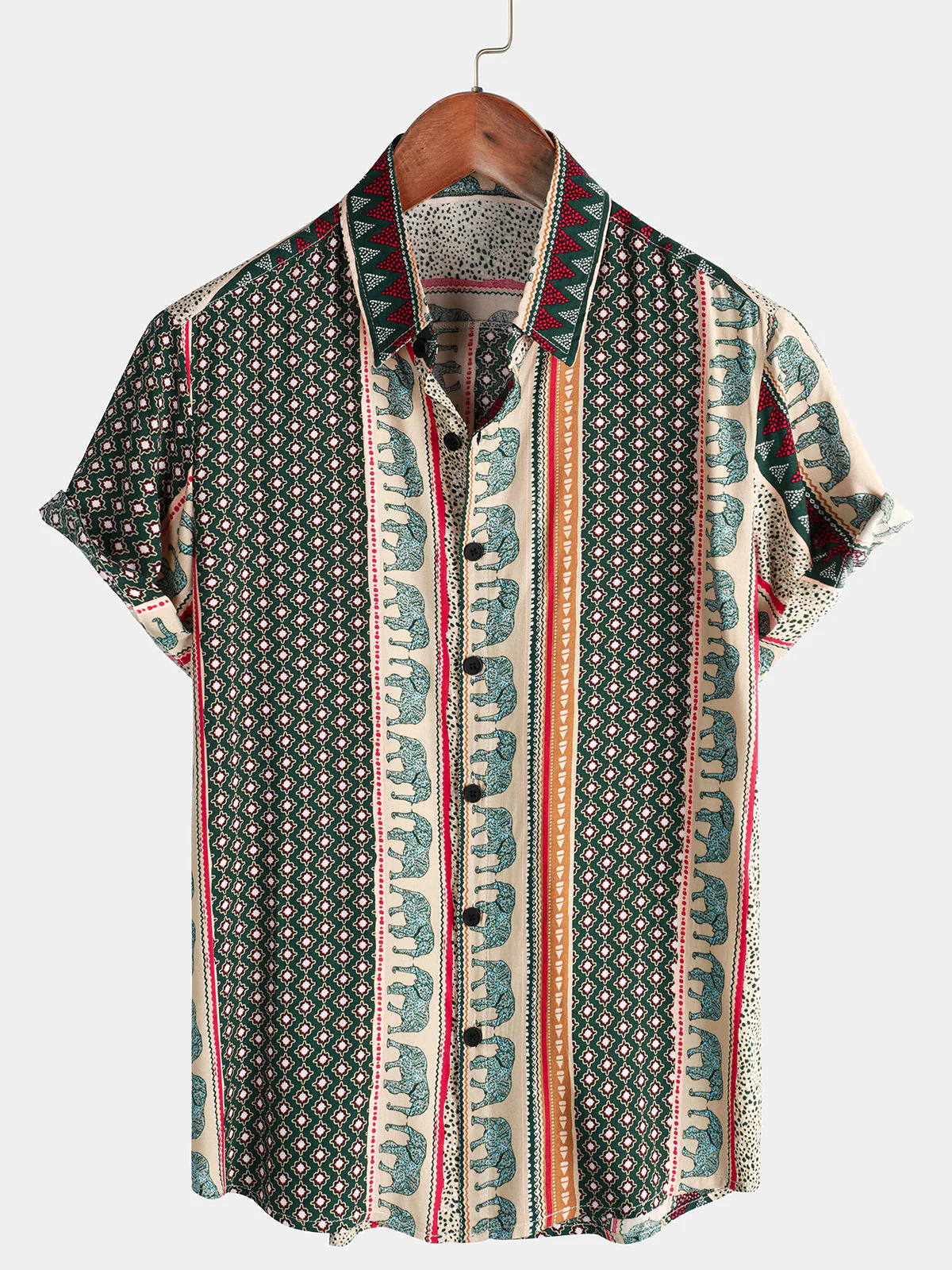 Men's Green Striped Elephant Print Short Sleeve Shirt