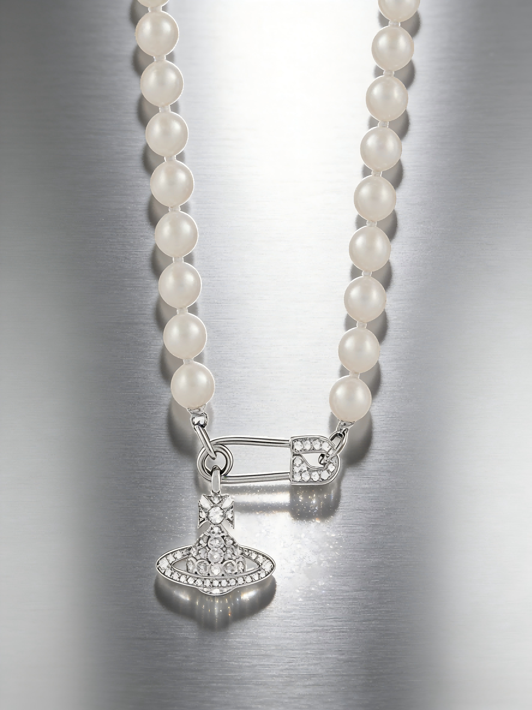 Punk Style Silver-Tone Pearl Necklace with Safety Pin & Crystal Saturn Charm | Trendy Everyday Fashion Accessory