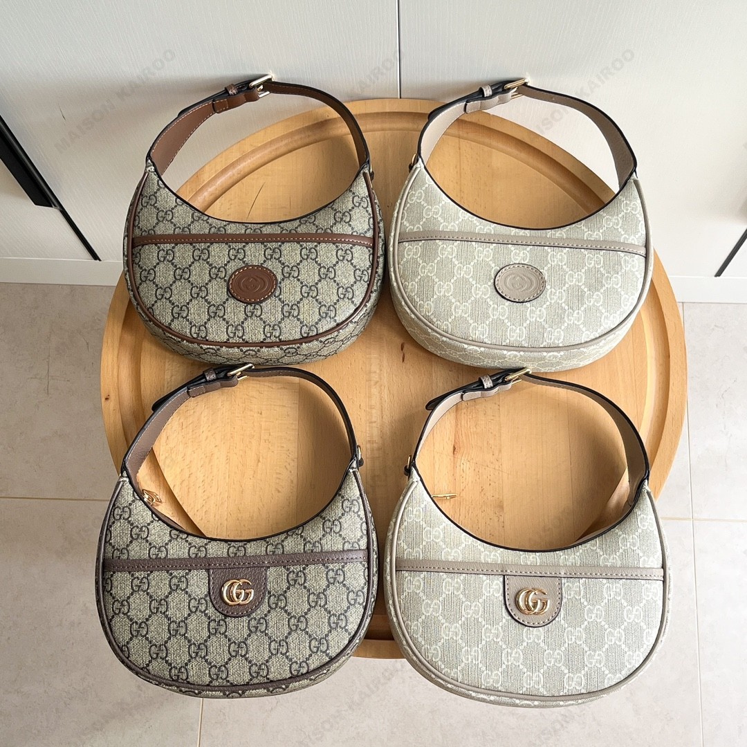 Gucci Ophidia GG Monogram Canvas Patch& Metal Logo Half Moon Hobo Bag Chain Strap Mini Shoulder Bag - KAIROO