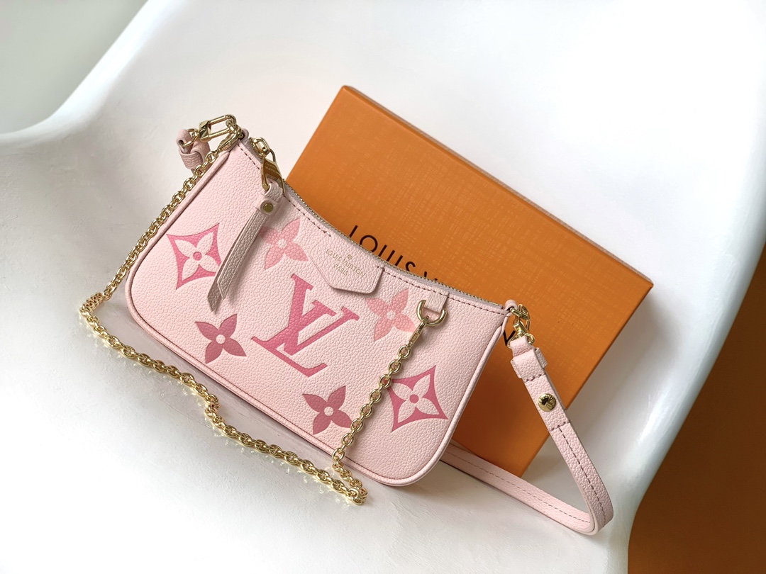 Louis Vuitton LV Pochette Easy Pouch On Strap Pastel Pink Monogram Empreinte Leather Hobo Shoulder Bag - KAIROO