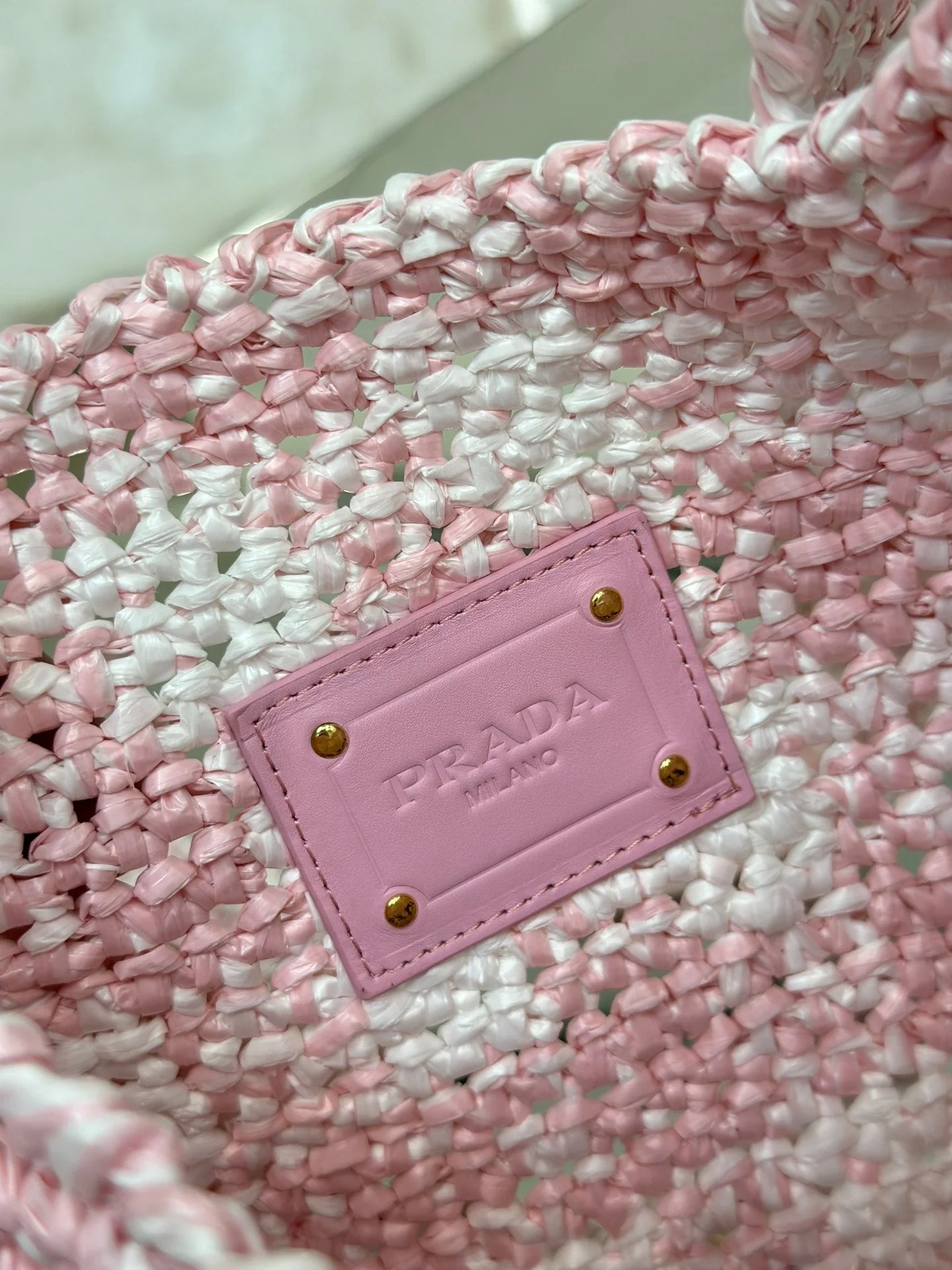 Prada SMALL TOTE BAG 29 IN PINK MIX WHITE AND BLACK WOVEN RAFFIA