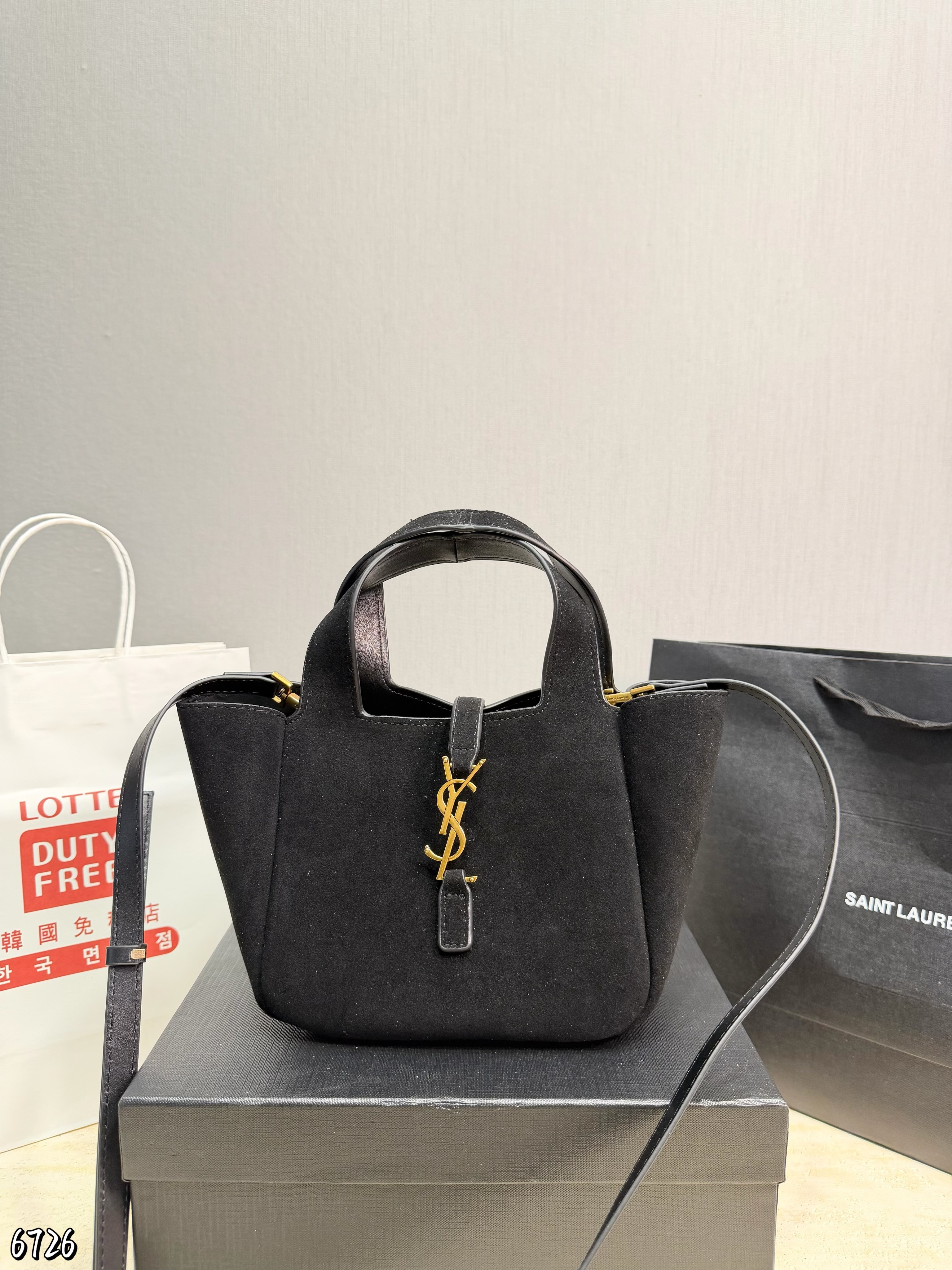 Saint Laurent Mini Bea Hobo Suede Leather YSL Front Toggle Fold Wing Tote Bucket Shoulder Bag - KAIROO
