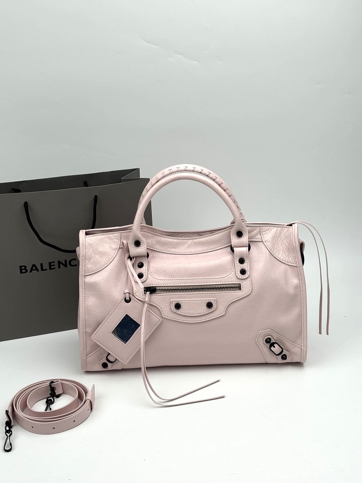 Balenciaga Le City Pink Soft Crinkled Leather Studded Mirror Charm Braided Handle Crossbody Bag - KAIROO