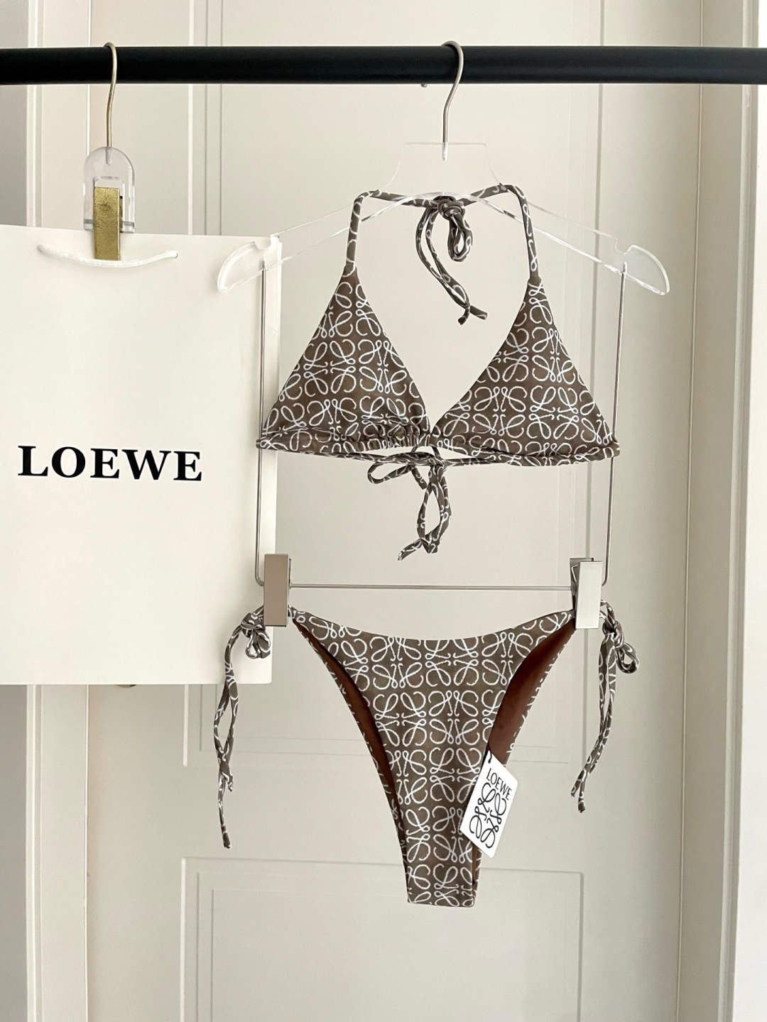 Loewe Kaki Green Repeat All-Over Anagram Print Triangle Halter Bikini Swimsuit Two-Piece Set - KAIROO