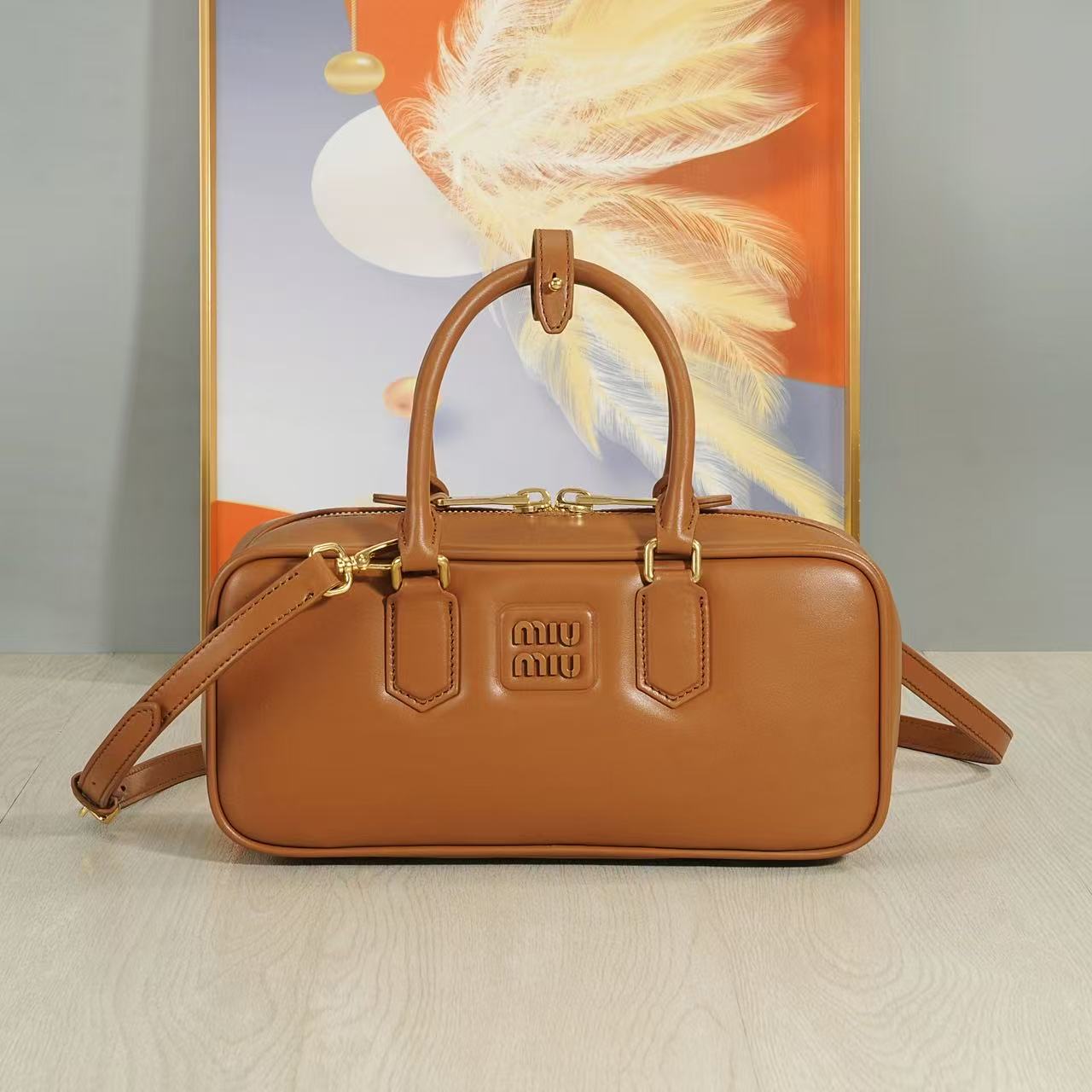 Miu Miu Arcade Calf Leather Boston Bag-Camel