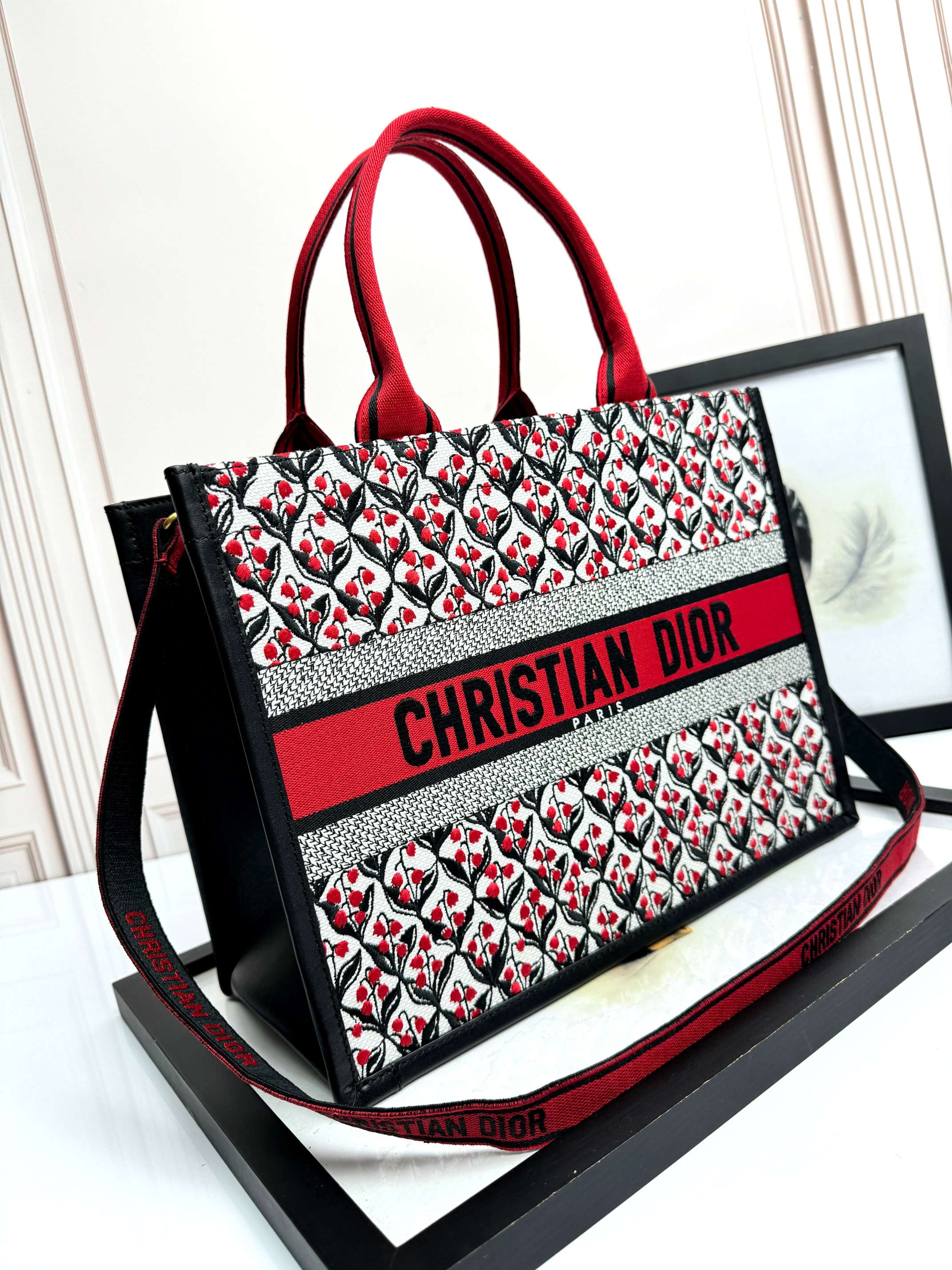 Dior Embroidered Canvas Medium  Book Tote with shoulder strap