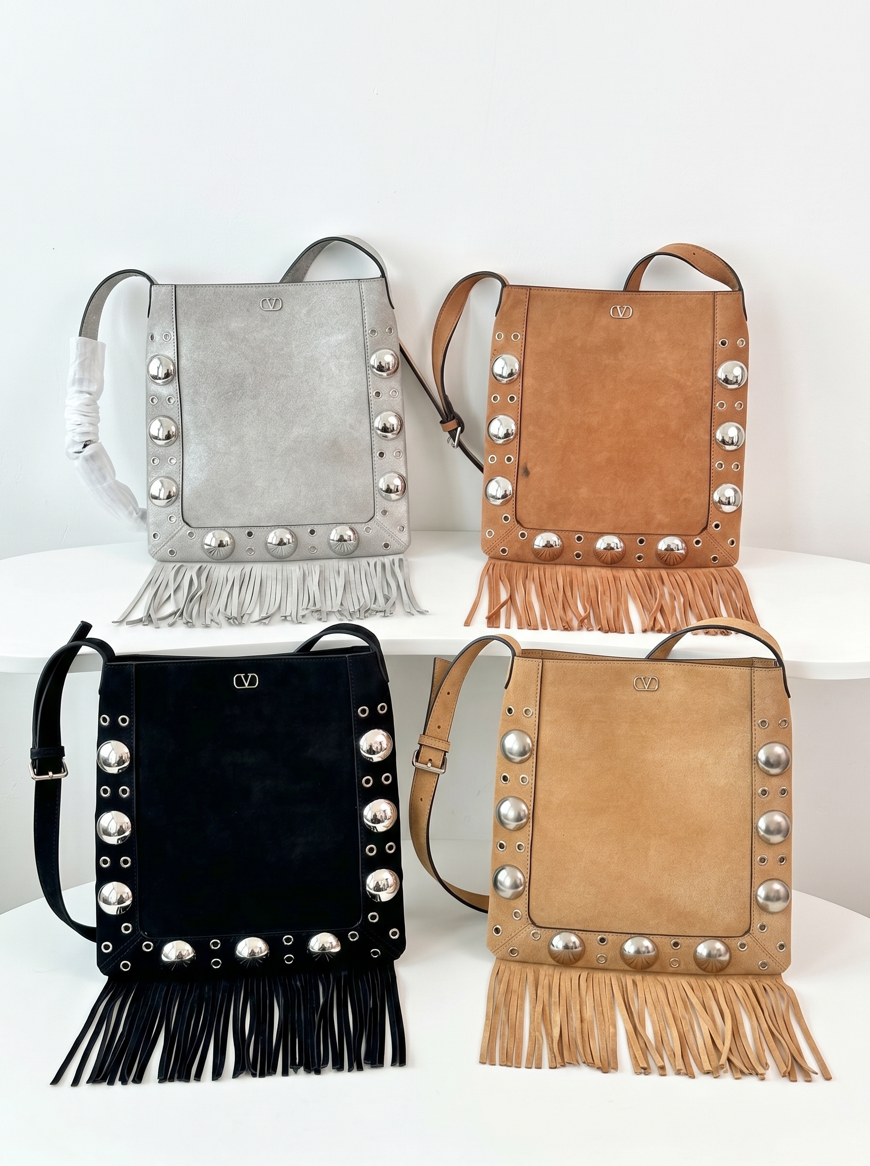 Valentino Garavani Rockstud Square Suede Large Cabochon Stud Fringe Crossbody Bag - KAIROO