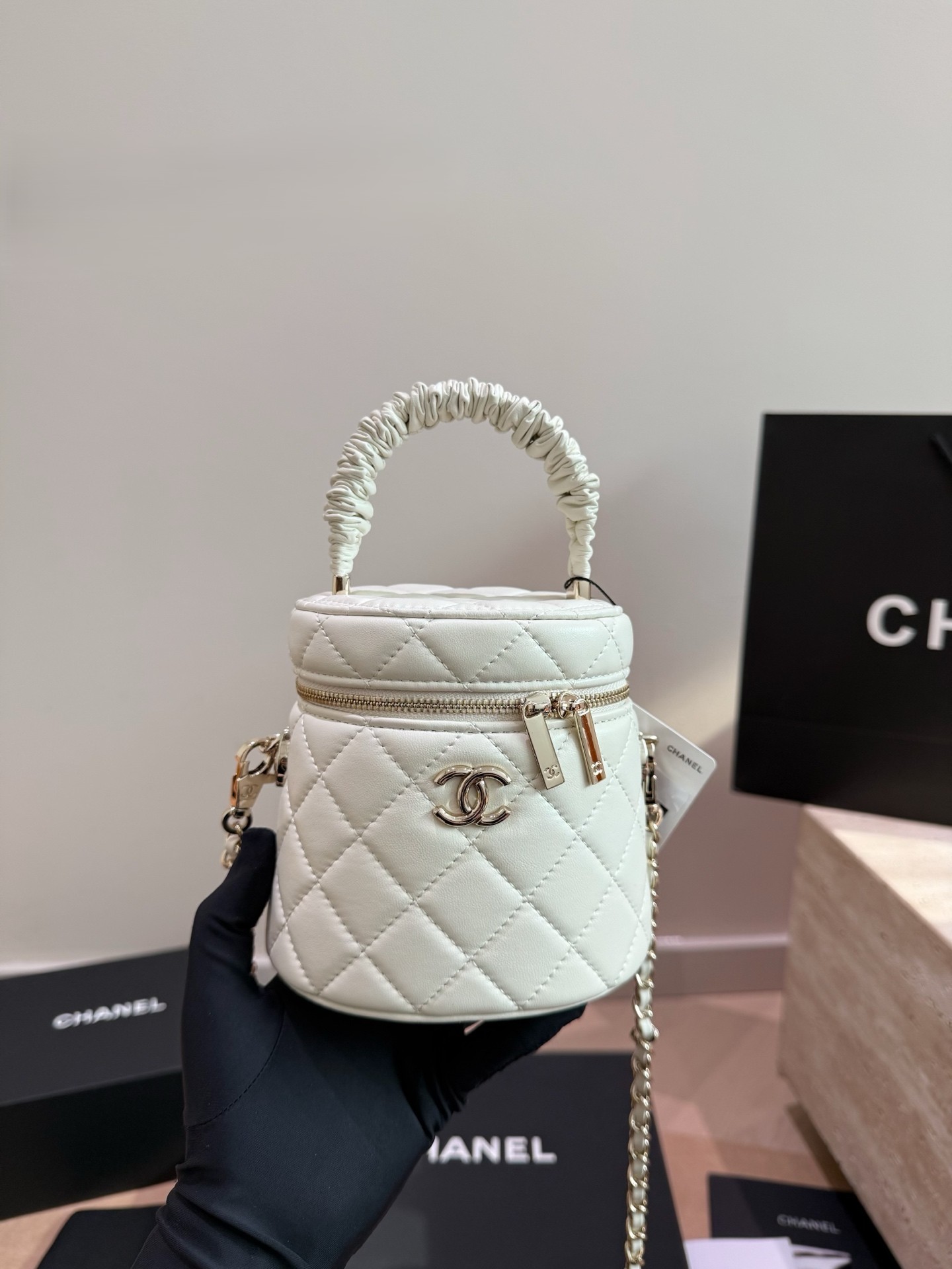 Chanel 22S Cylinder Vanity Bucket Quilted Leather Ruched Top Handle Chain Crossbody Bag - KAIROO