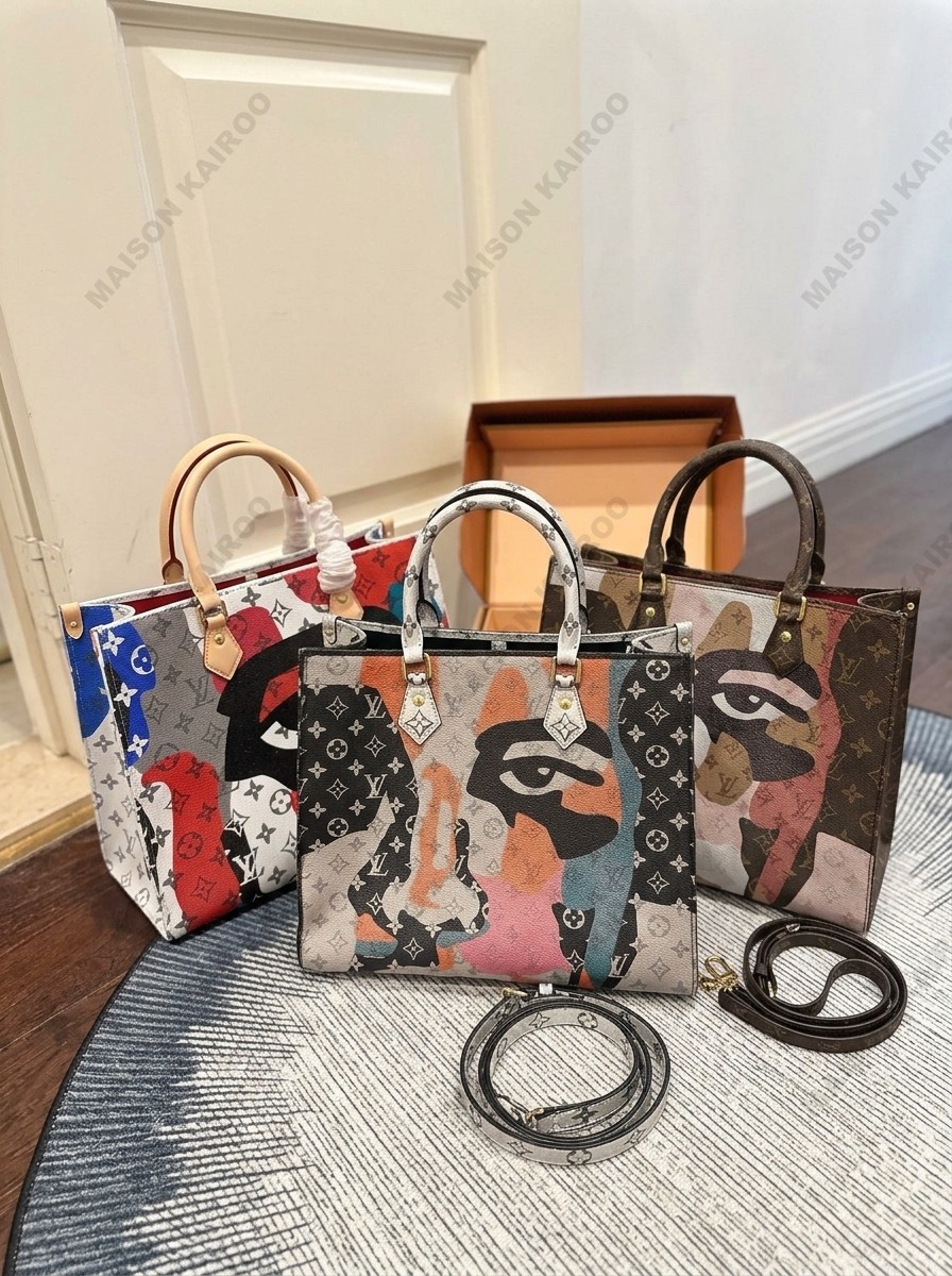 Louis Vuitton LV OnTheGo MM Kid Super Abstract Fragmented Face Art Monogram Canvas Top Handle Tote Bag - KAIROO