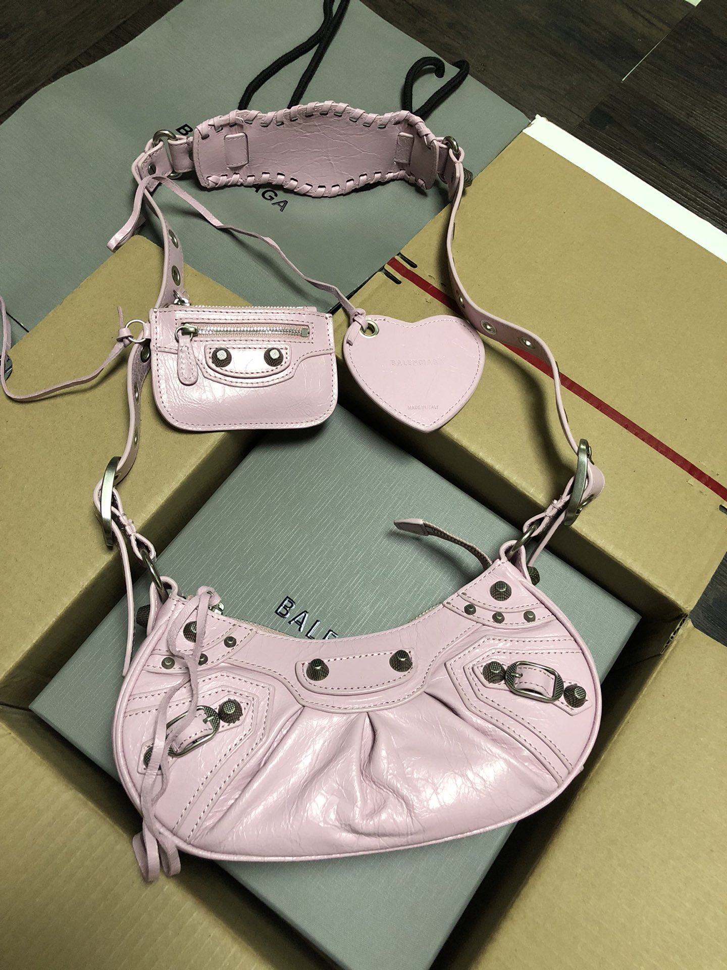 Balenciaga Le Cagole Light Pink Crinkled Leather Studded Purse& Heart Mirror Charm Hobo Shoulder Bag - KAIROO