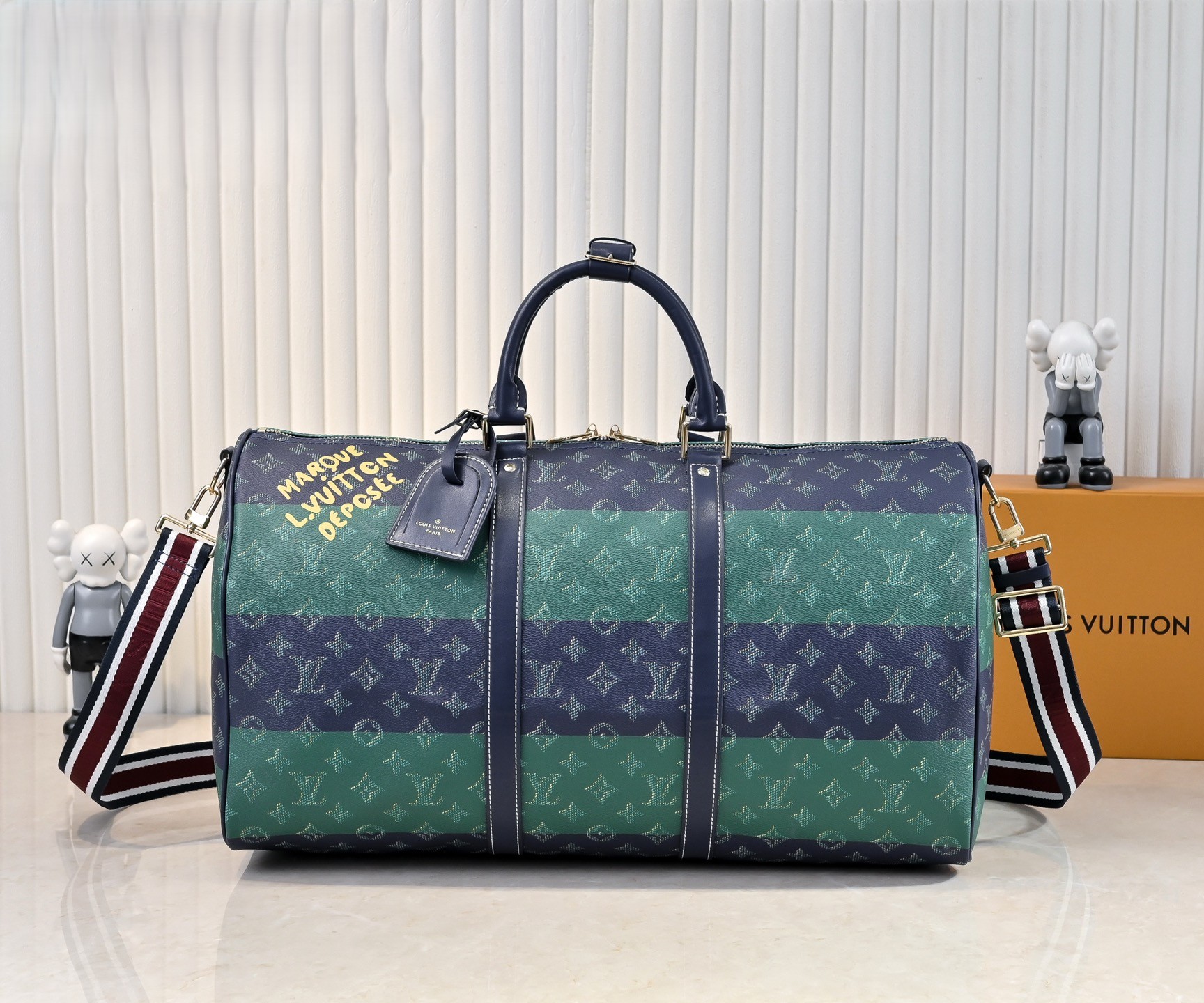 Louis Vuitton Keepall Bandoulière 45 Blue Green Gradient Stripe Monogram Dual Straps Duffle Travel Bag - KAIROO