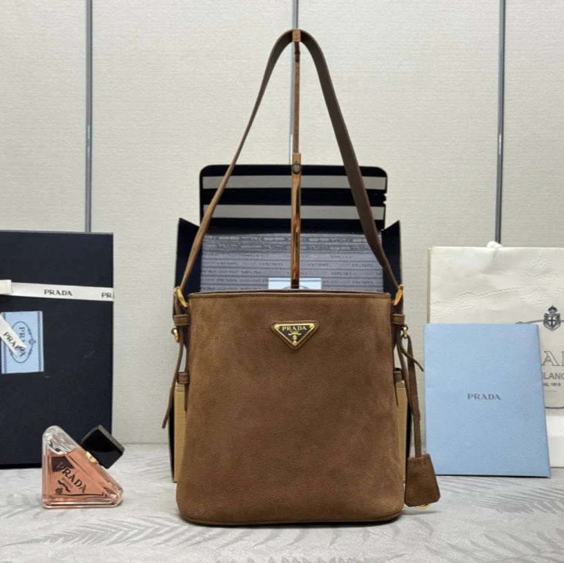 Prada BUCKET BAG 22 IN RUSSET BROWN SOFT SUEDE