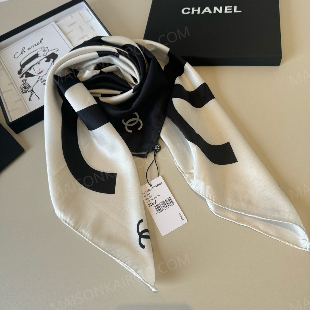 Chanel Black White Quarter Grid CC Square Scarf - KAIROO