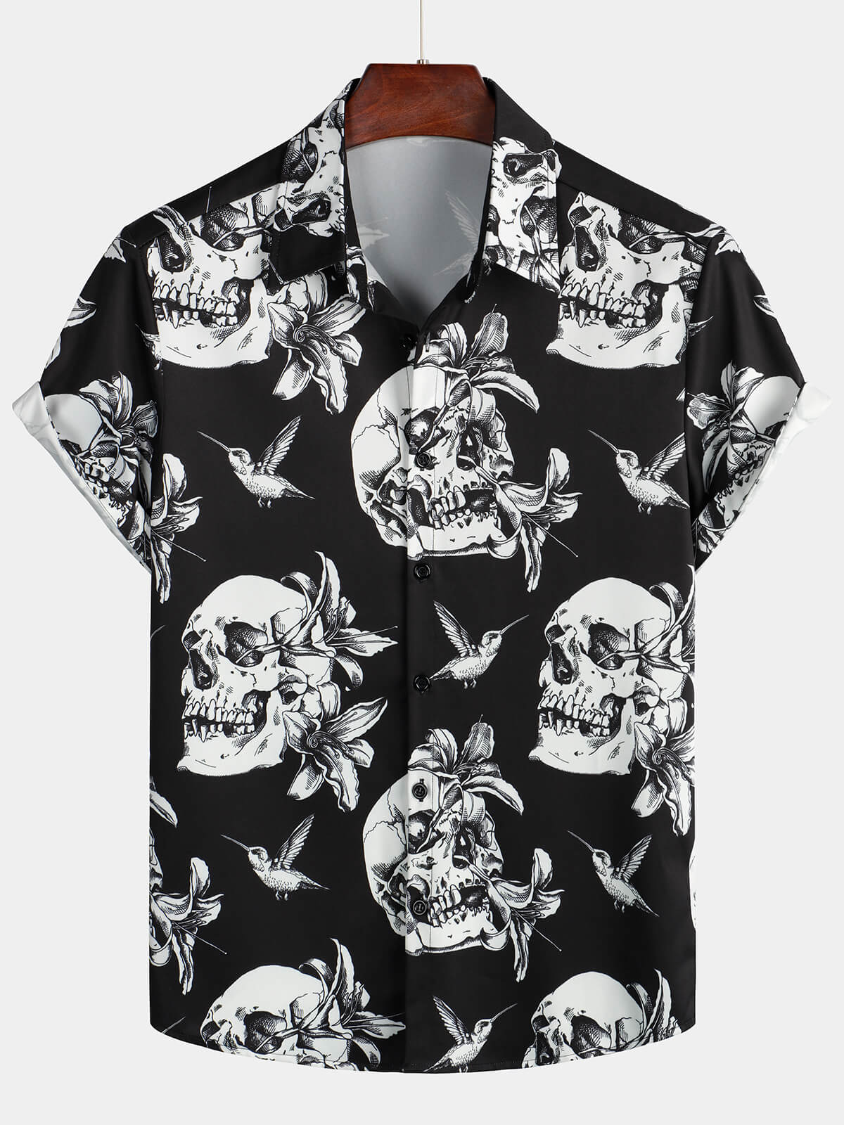 Men's Black Skull Hummingbird Punk Rock Hawaiian Button-Up Short Sleeve Shirt