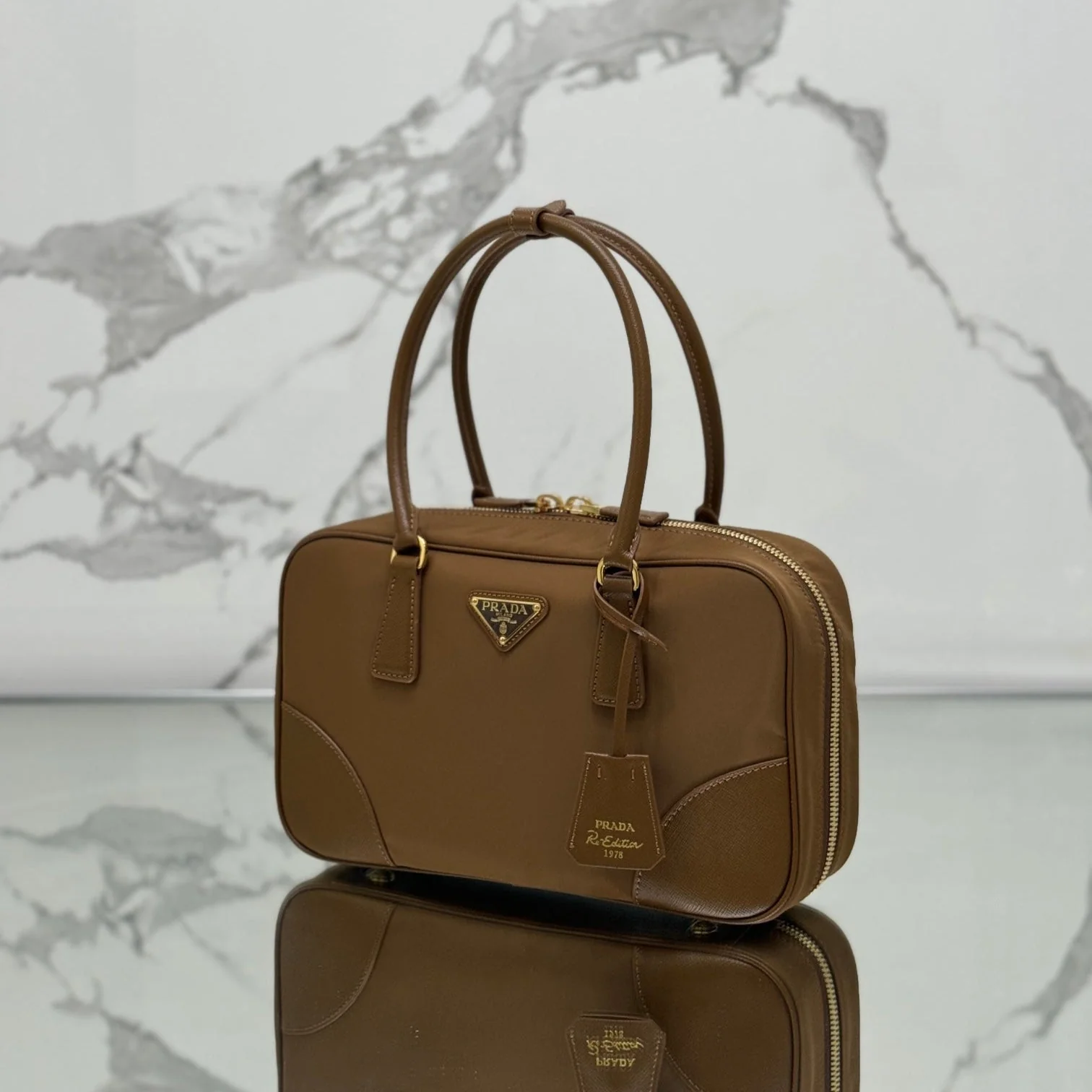 Prada MEDIUM TOP HANDLE BAG 30 IN CHERRY WOOD NYLON AND CALFSKIN TRIM