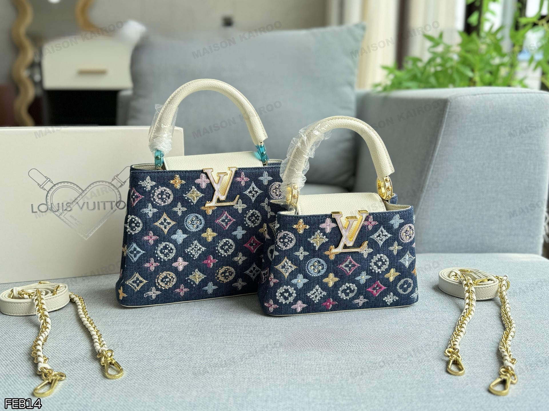 Louis Vuitton LV Capucines BB/Mini Shell Inlay Logo Denim Multicolor Embroidery Leather Top Handle Bag - KAIROO