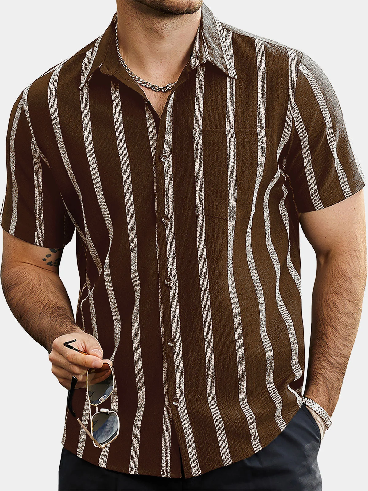 Men's Striped Hawaiian Pocket Button-Up Summer Short Sleeve Shirt