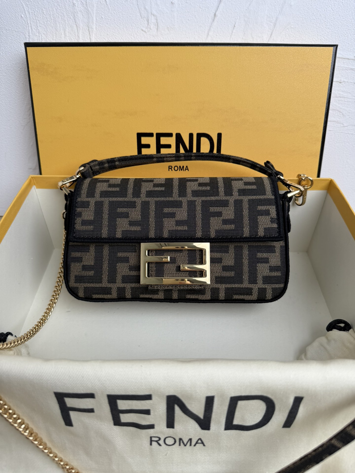 Fendi Iconic Mini Baguette FF Canvas Chain Bag