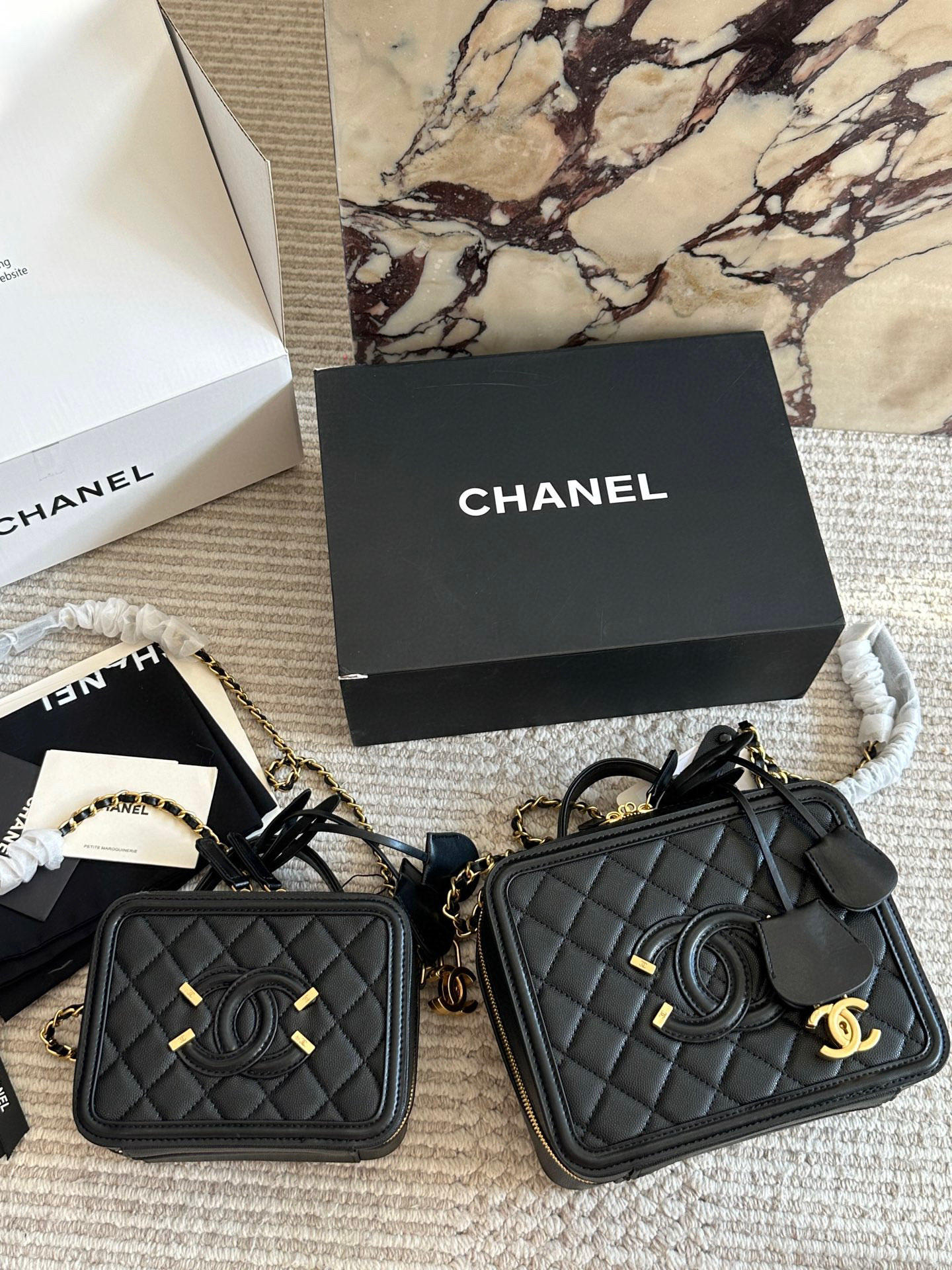 Chanel Small/Medium Square Vanity Case Quilted Caviar CC Logo Filigree Key Bell Crossbody Bag - KAIROO
