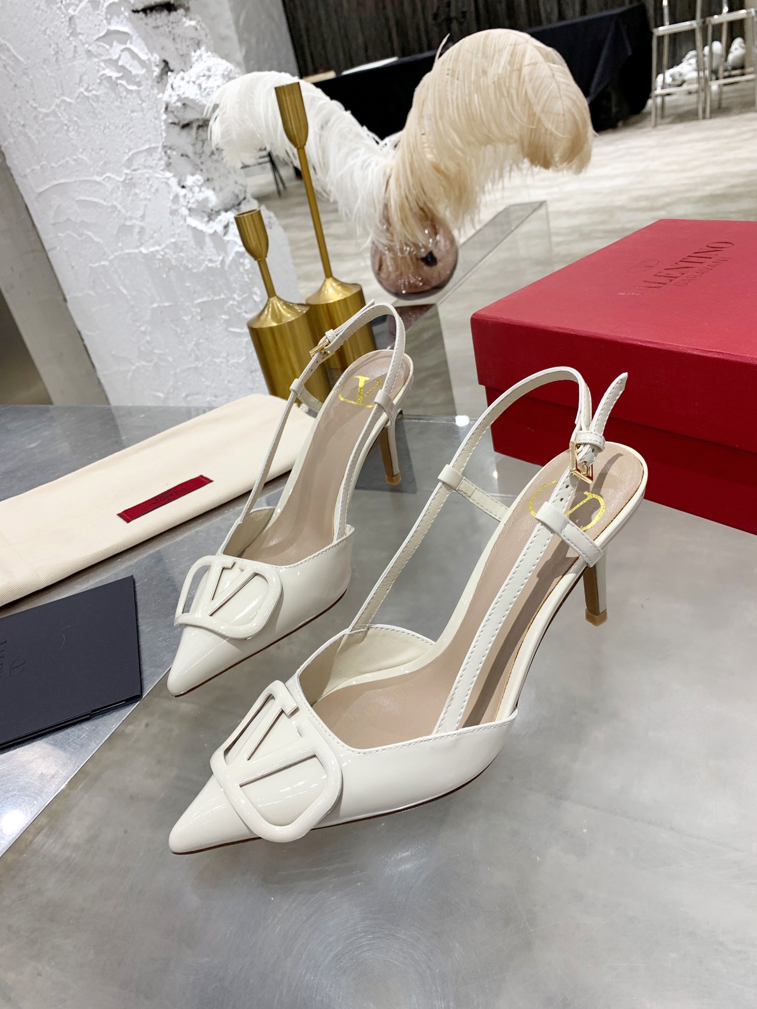 Valentino Garavani White Pointed Toe Tonal VLogo Patent Leather Slingback Heels - KAIROO