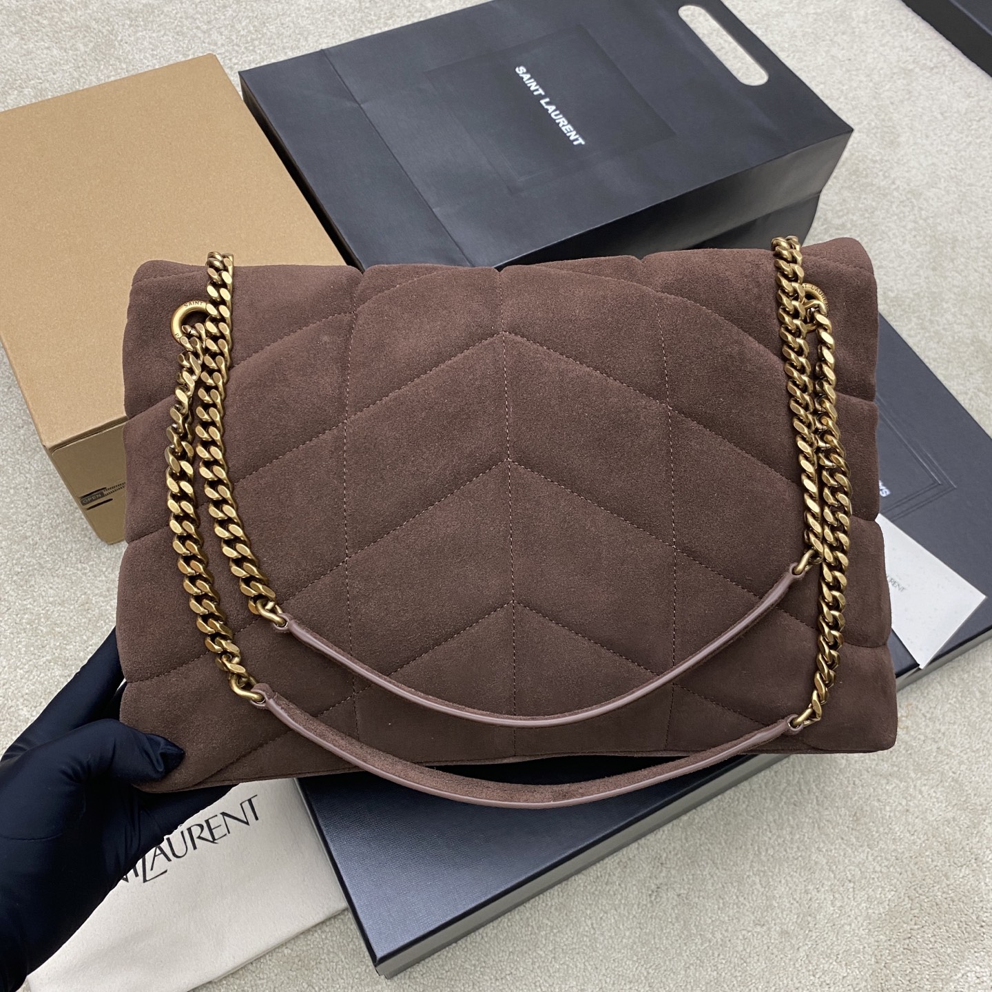 YSL Saint Cream Denim Medium Puffer Bag in Suede Leather 577475