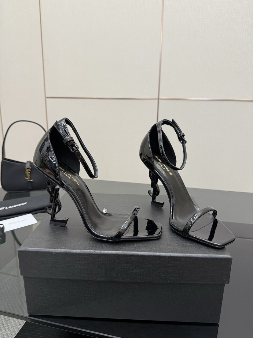 Saint Laurent Opyum Patent Leather Ankle Strap Square Open Toe Black YSL Initials Heel Sandals - KAIROO