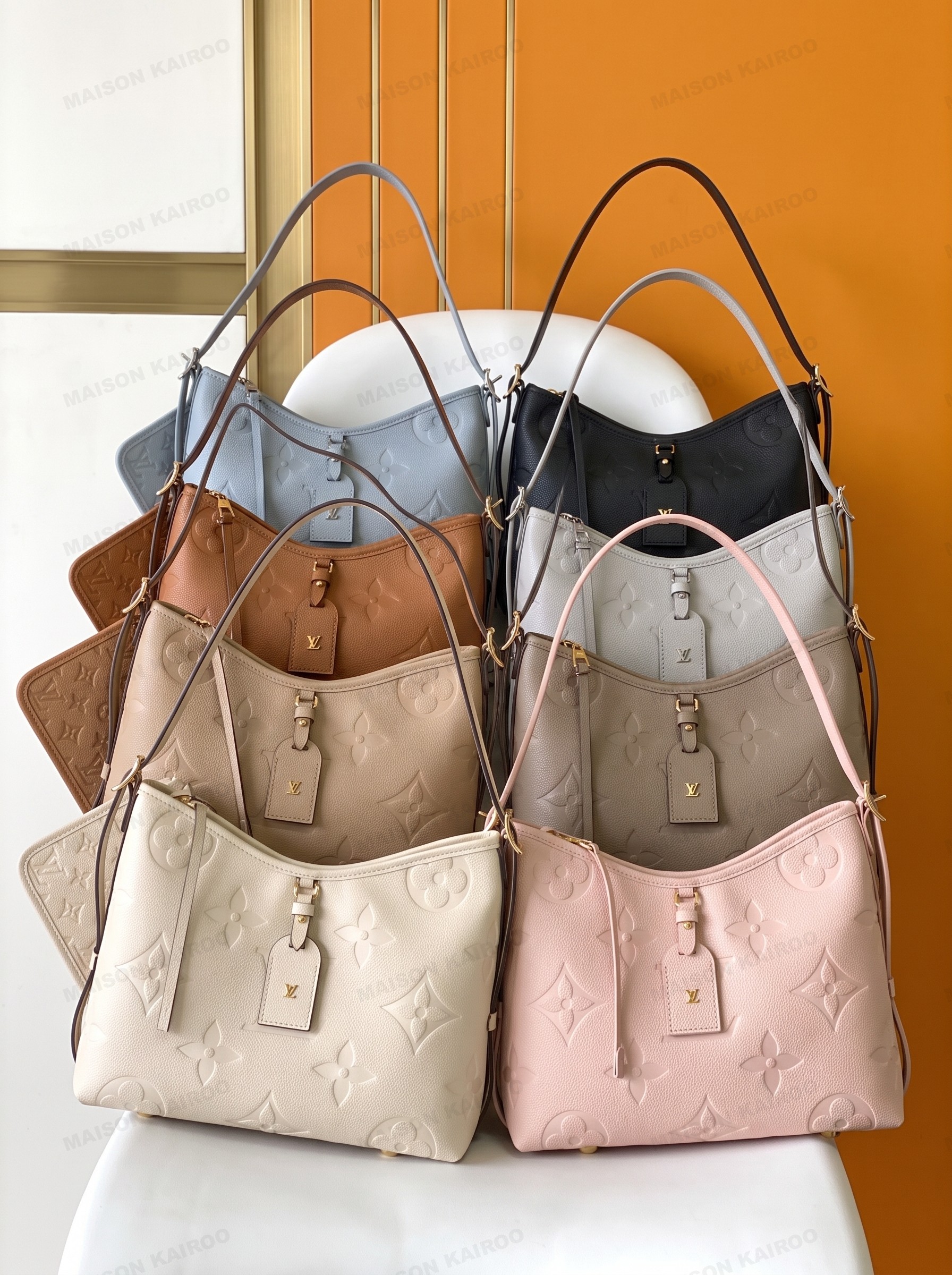 【10A】Louis Vuitton LV Carryall PM Solid Tone Monogram Empreinte Leather Hobo Tote Shoulder Bag With Pouch - KAIROO