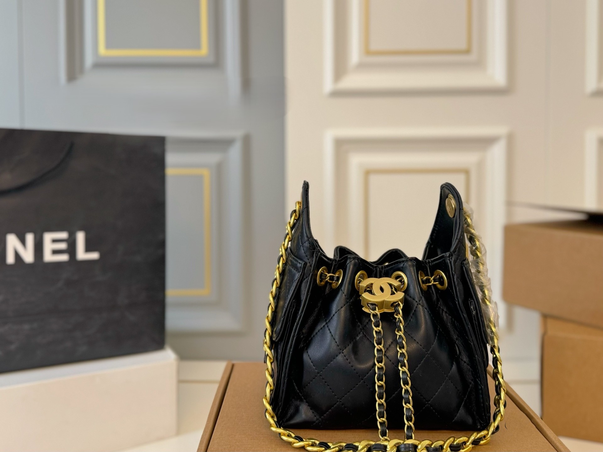 Chanel 25 Mini 22CM Quilted Caviar &Smooth Leather Drawstring Lazy Bucket Hobo Shoulder Bag - KAIROO