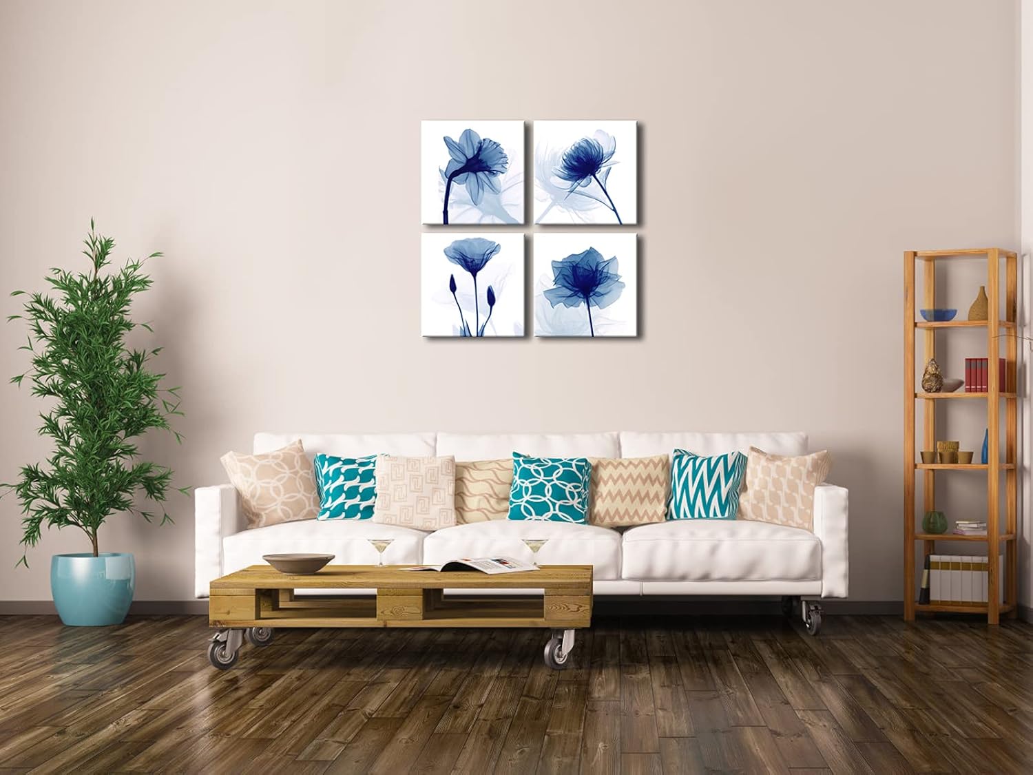Pyradecor Blue Flickering Flower Abstract Paintings Canvas Wall Art Grace Floral Pictures on Canvas Prints 4 Panels Artwork for Living Room Bedroom Office Home Decorations