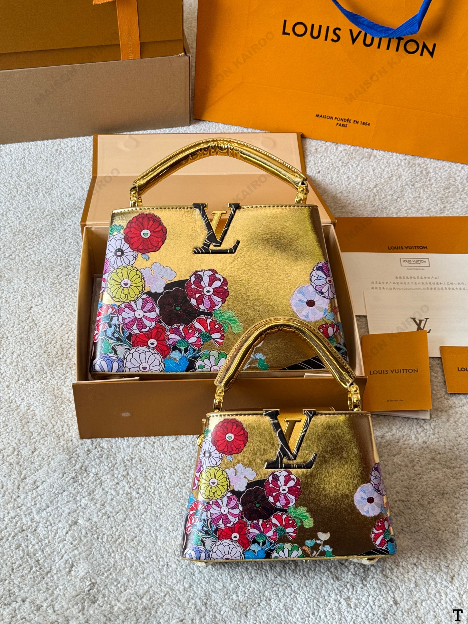 Louis Vuitton LV × TM Capucines BB & Mini Floral Printed Gold Metallic Leather Top Handle Bag - KAIROO
