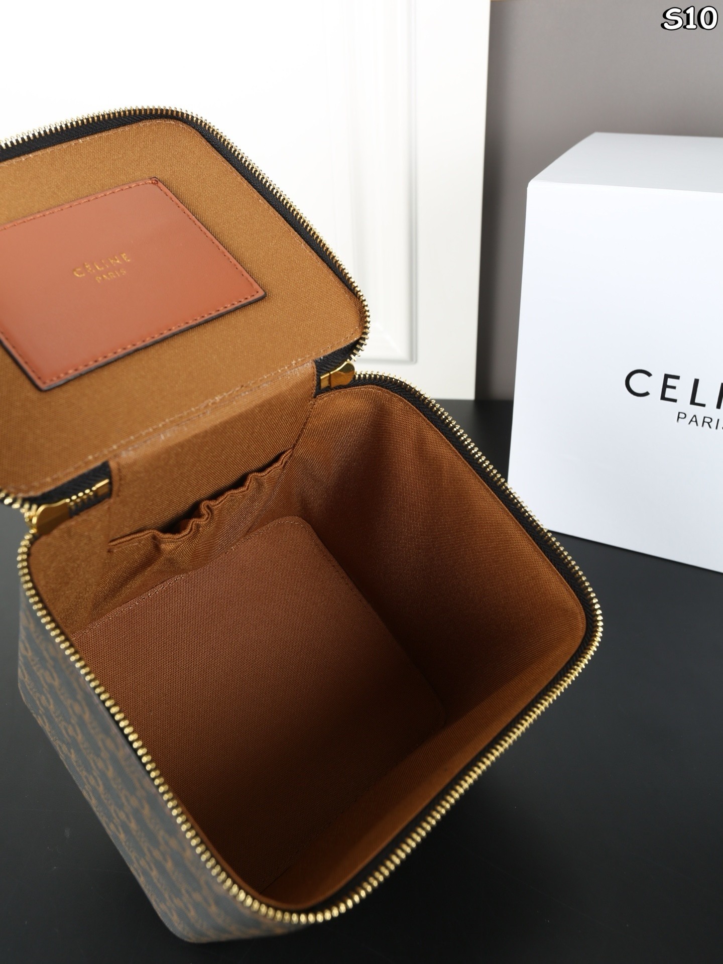 Celine Small/Mini Triomphe Canvas Leather Trim Zip Around Square Top Handle Vanity Case Bag - KAIROO