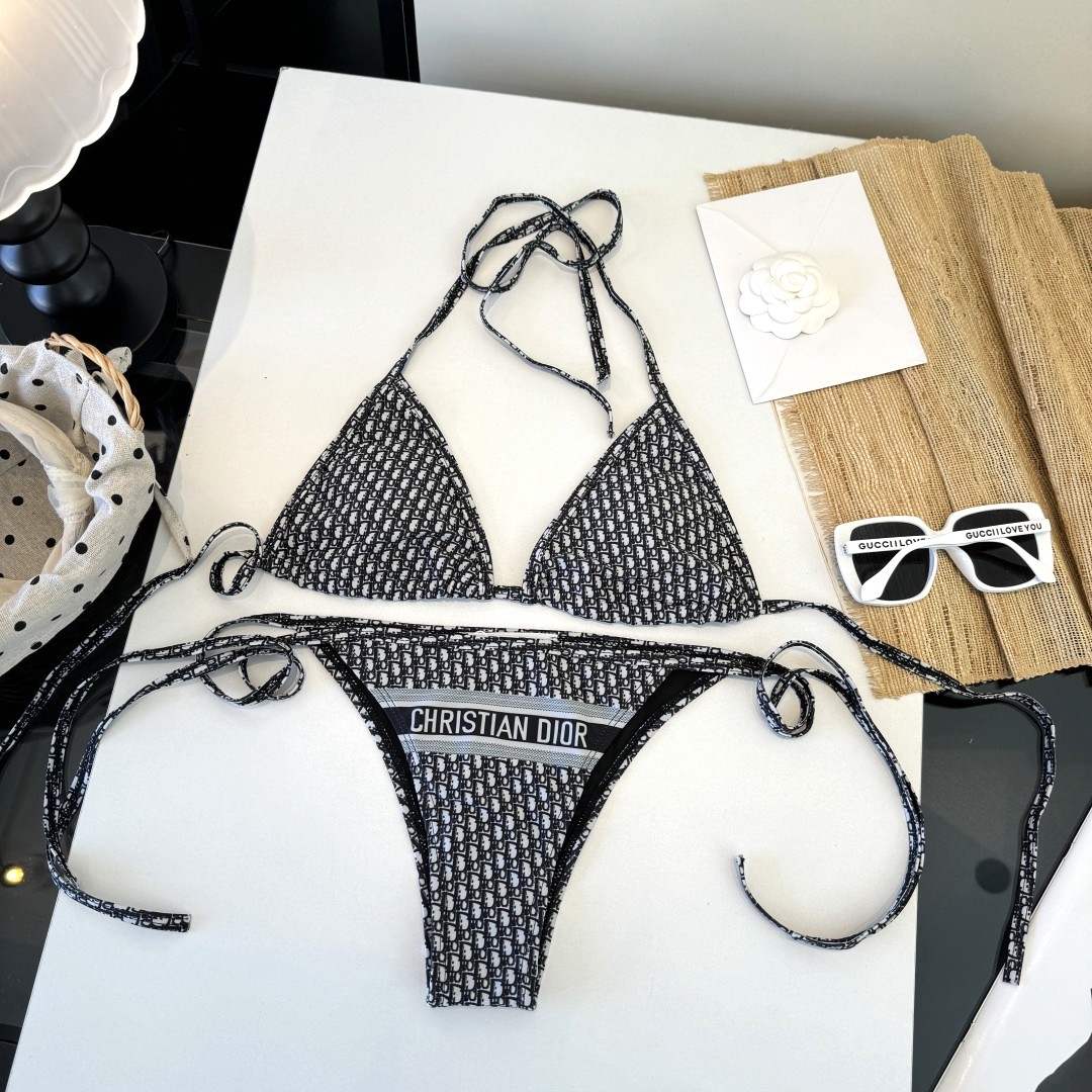 Dior Oblique Print Logo Tape Tie Strap Triangle Bikini Two-Piece Swimsuit - KAIROO