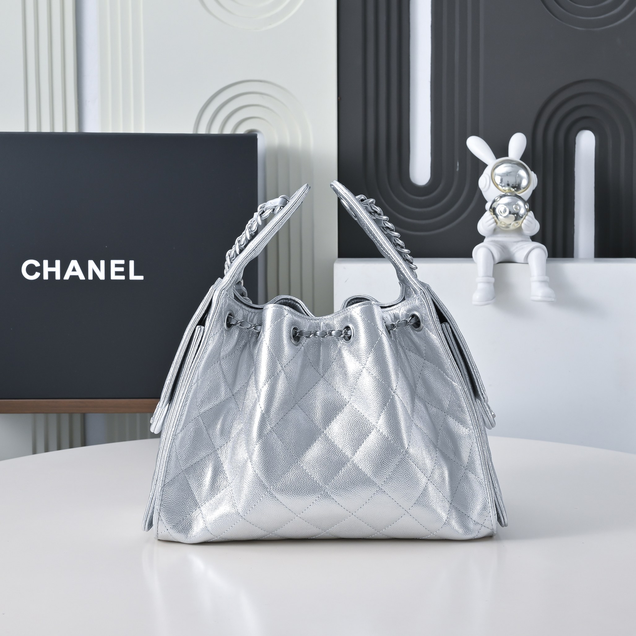 Chanel 25 Small Hobo Bag in Silver Grained Calfskin  AS5293