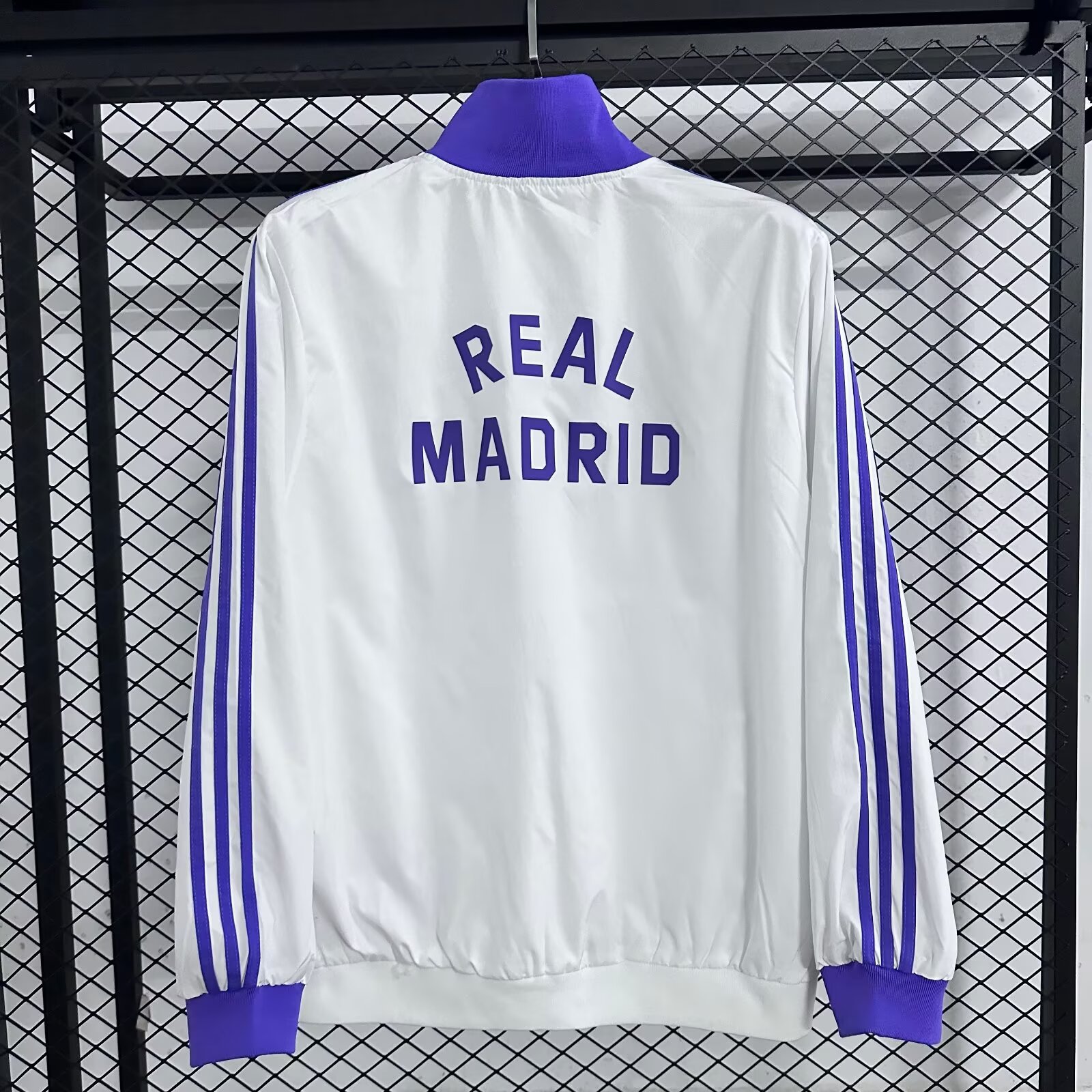 Real Madrid White and Purple Retro Sporty Striped Stand Collar Jacket with Badge, Sporty Zipper Stand Collar Long Sleeve Jacket, Cloud White