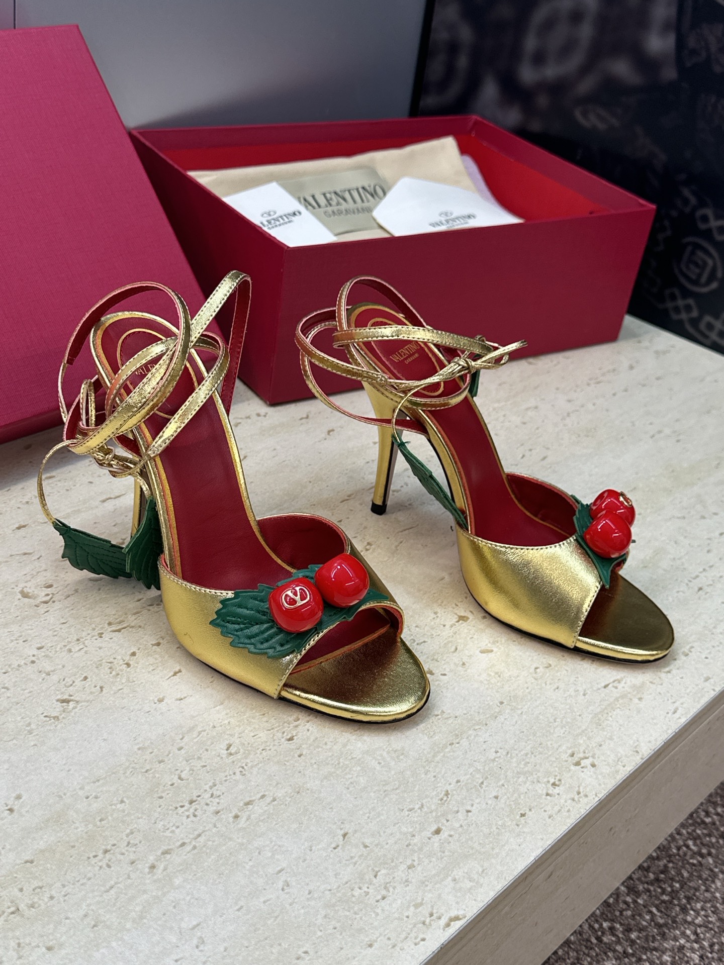 Valentino Garavani Gold Cherry Leather Leaf Charm Metallic Leather Stiletto Toe Heel Sandals - KAIROO
